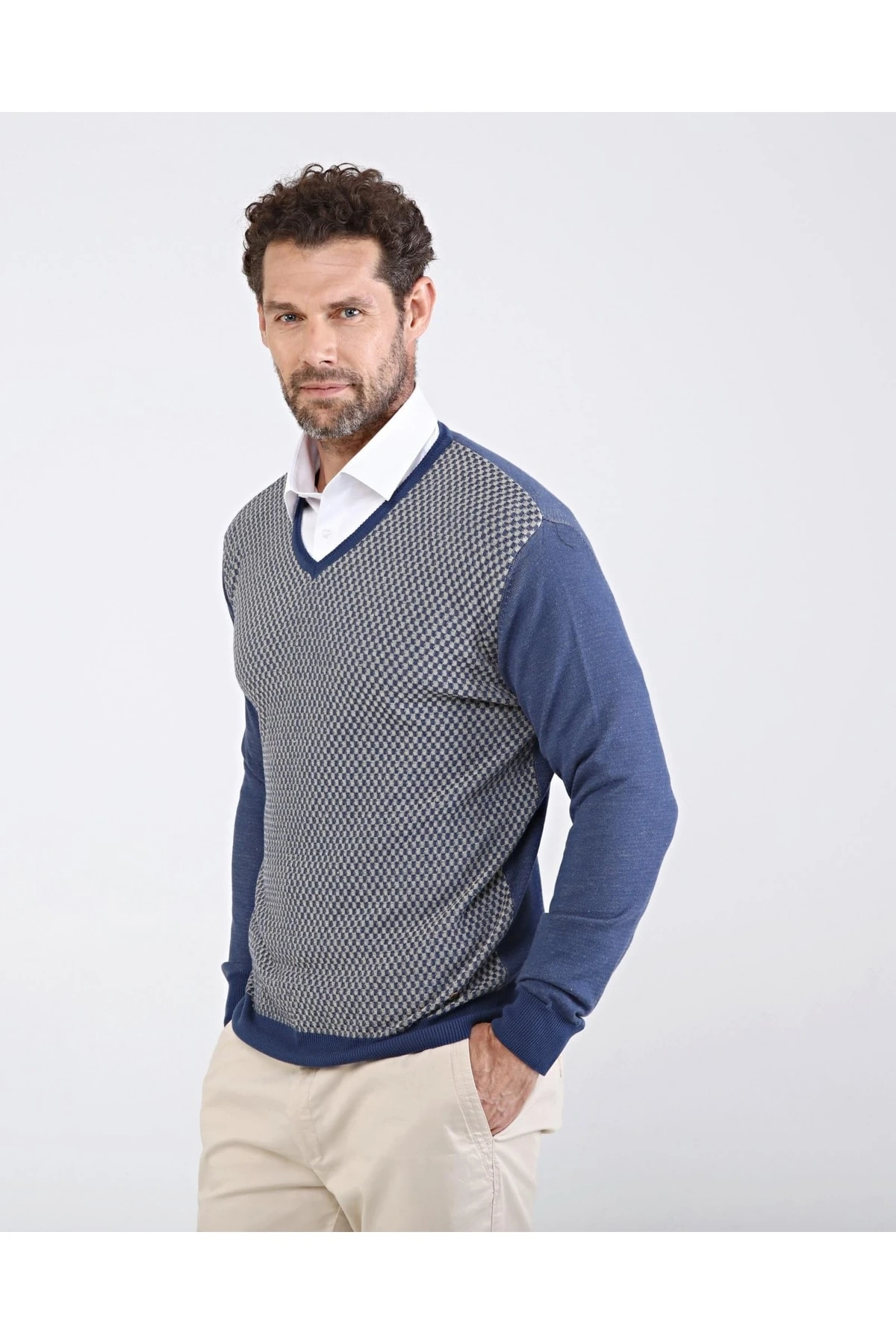 Battal Erkek V Yaka Pamuklu Triko Indigo Kazak Desenli Kol,bel Lastikli Regular Kalıp