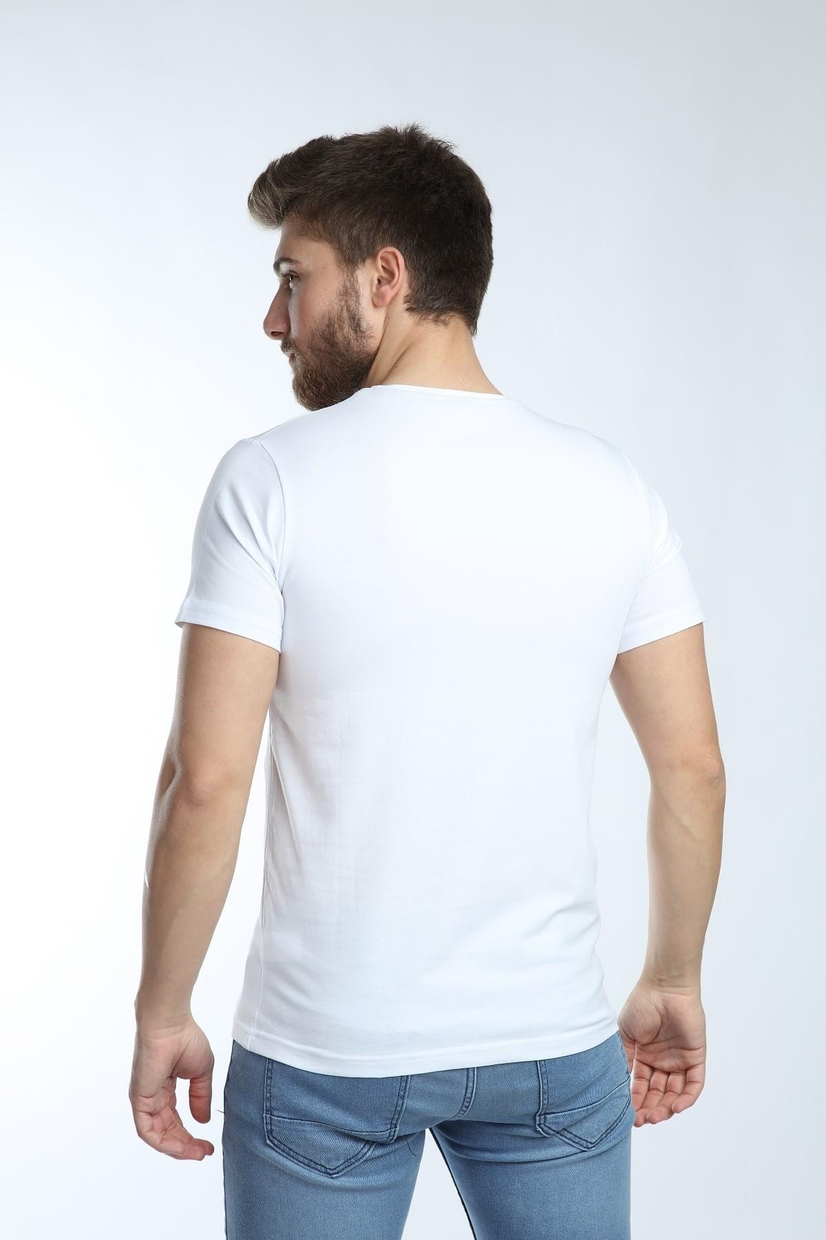 Erkek V Yaka Basic Tişört Düz Beyaz Renk Slim Fit