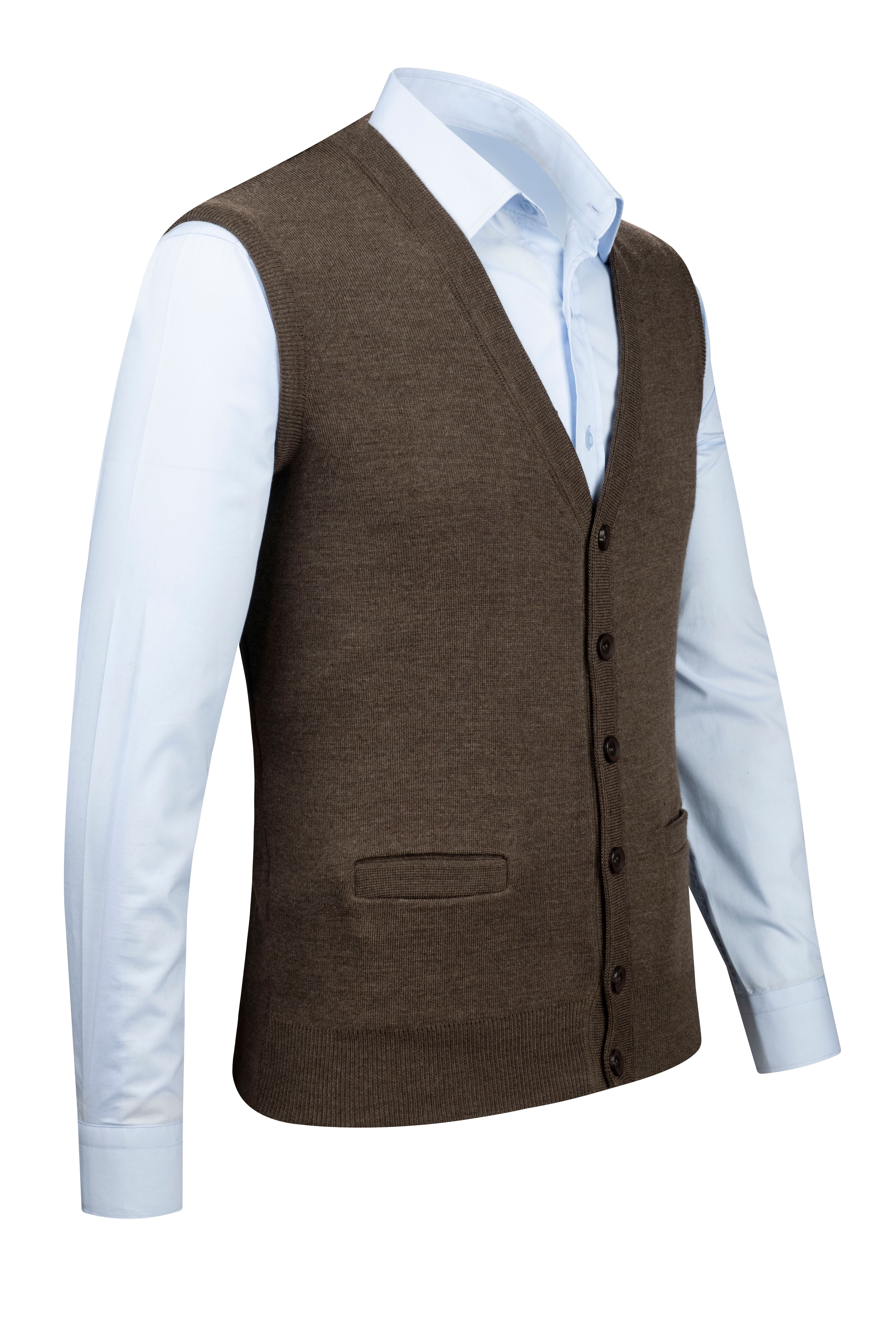 Stripe Knitwear Men's Oversized V-Neck Vest Buttoned Patterned Steel Knitted Classic Pattern -4241LB - KAHVERENGİ