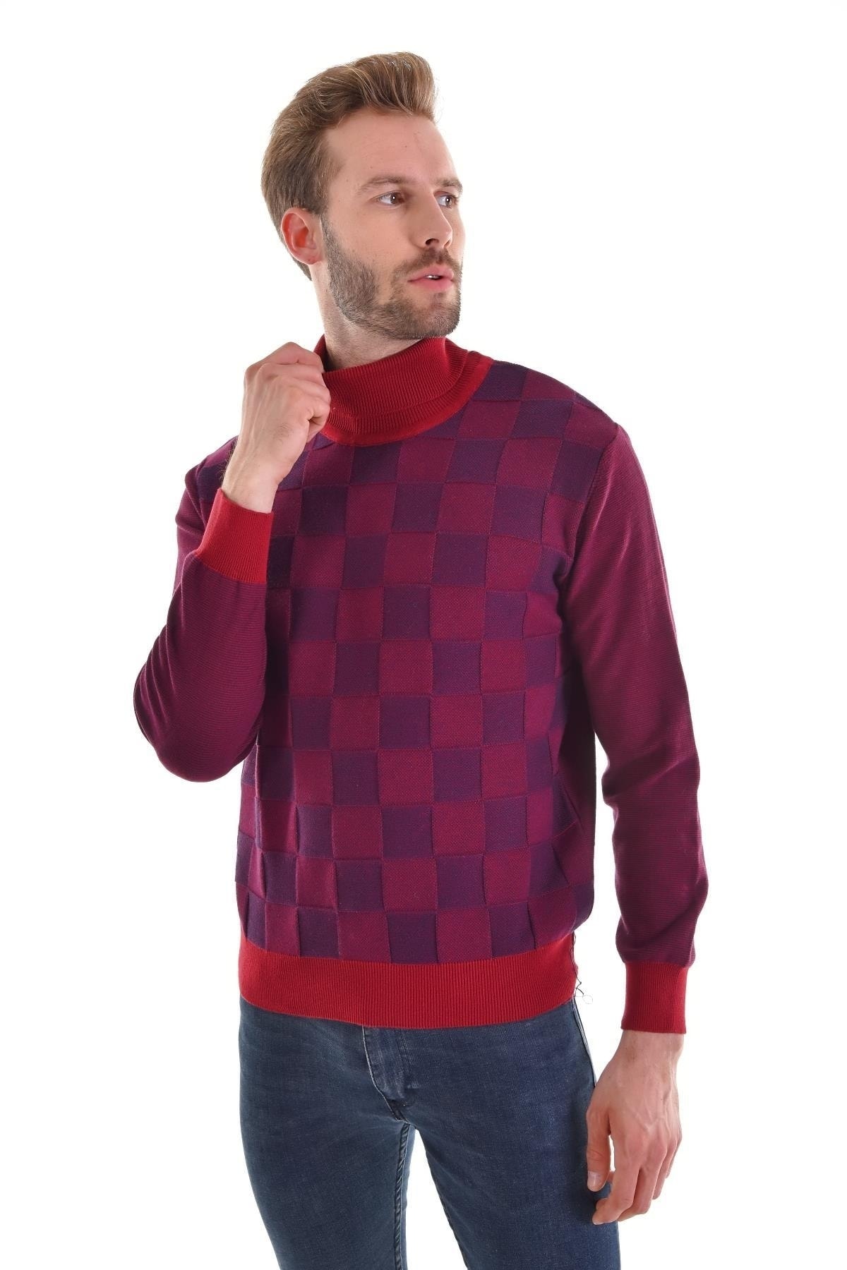 Erkek Tam Balıkçı Yaka Pamuklu Triko Bordo Kazak Desenli Kol Ve Bel Lastikli Dokuma