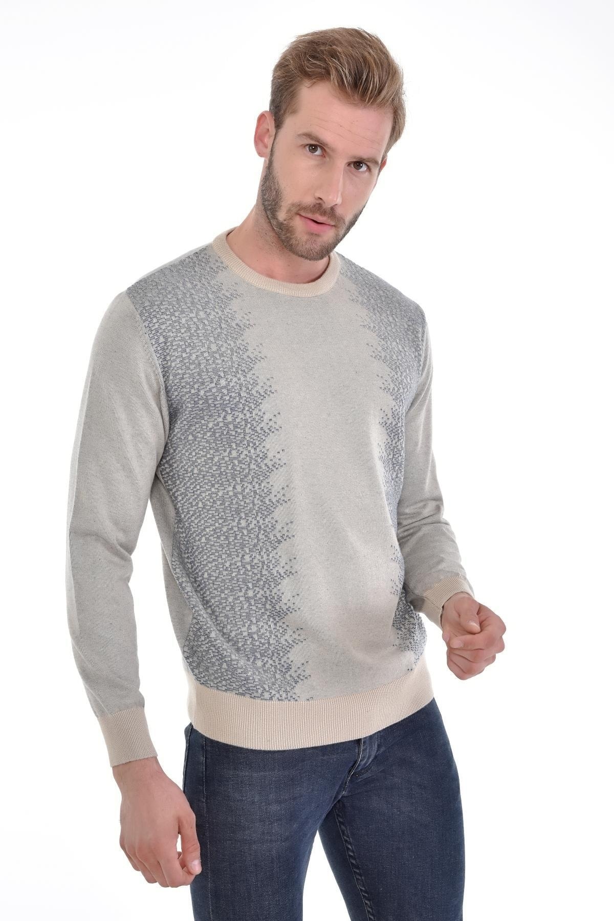 Erkek Sıfır Yaka Pamuklu Triko Bej Kazak Desenli Kol Ve Bel Lastikli Dokuma