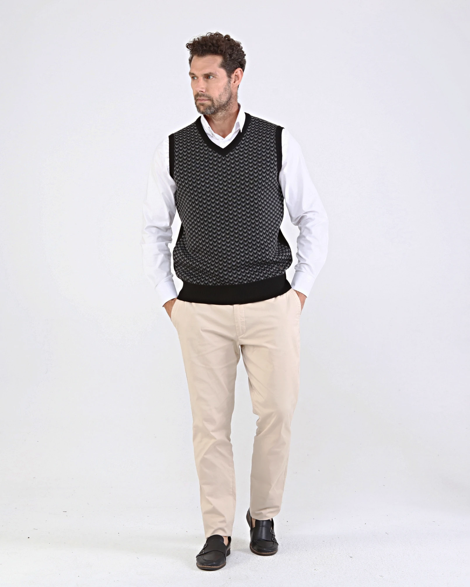 Stripe Knitwear Men's V-Neck Knitwear Sweater Patterned Colorful Winter Steel Knitted Classic Pattern - BLACK