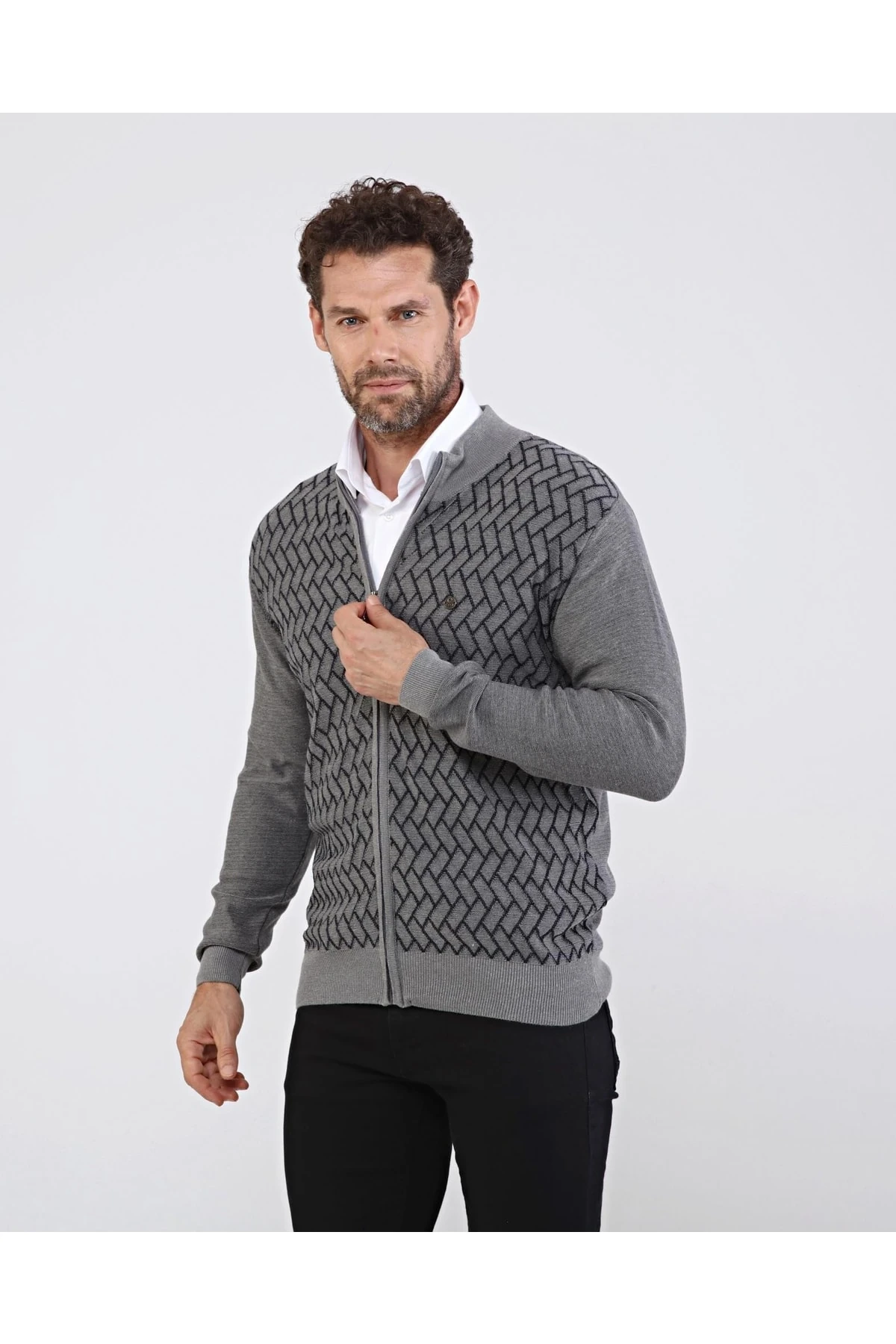 Erkek Triko Pamuklu Gri Ceket Fermuarlı Desenli Kol Ve Bel Lastikli Regular Kalıp
