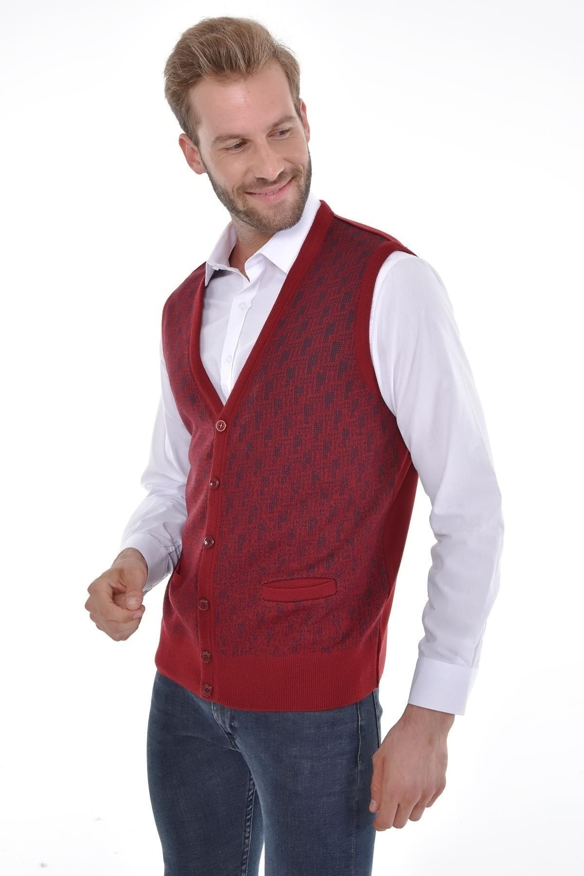 Erkek Triko V Yaka Bordo Yelek Düğmeli Cep Detaylı Desenli Bel Lastikli Çelik Örgü