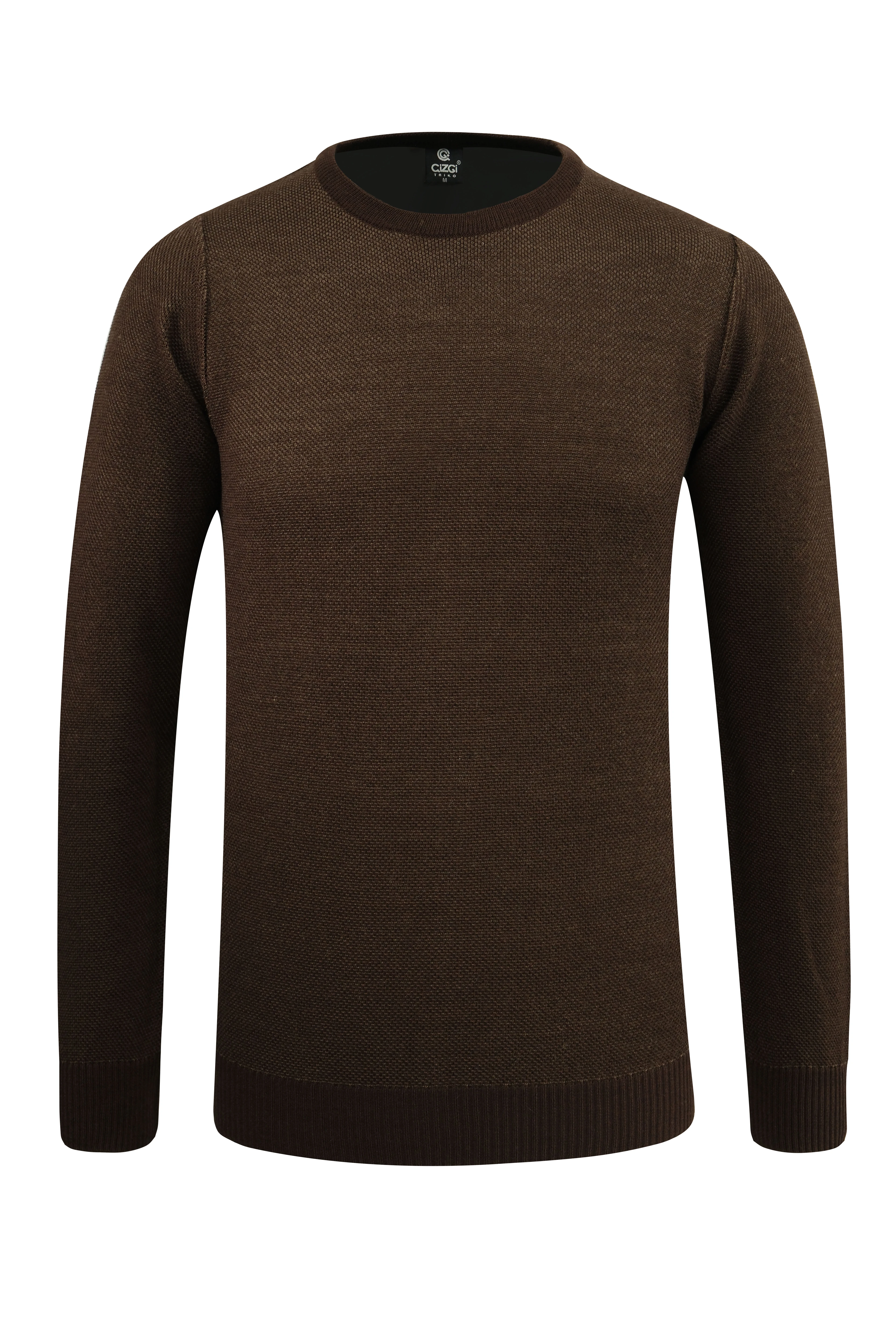 Erkek Sıfır Yaka Kazak Cepli Pike Desen Çelik Örgü Klasik Kalıp - 5214C - BROWN