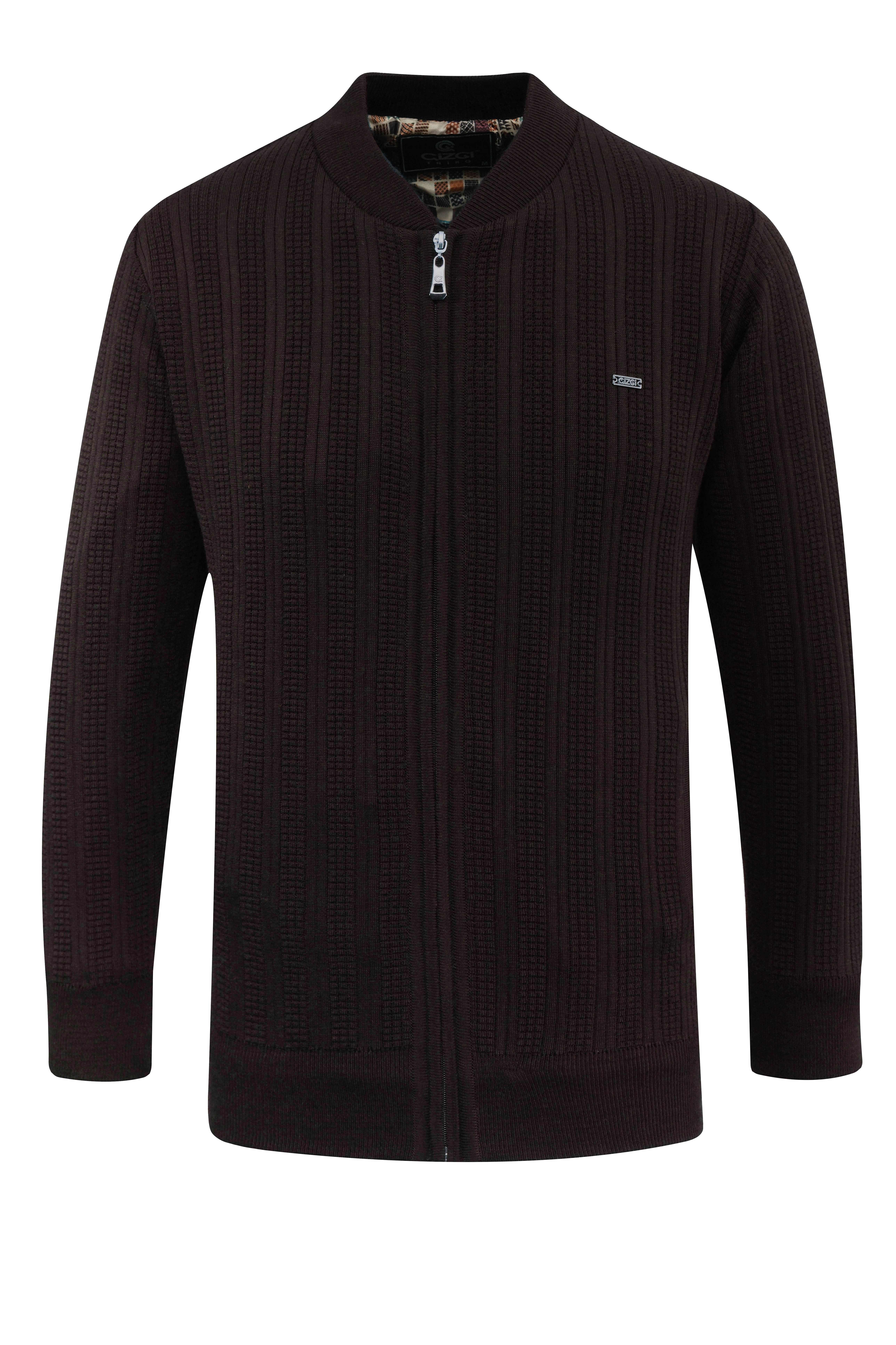 Erkek Astarlı Triko Mont Hakim Yaka Çelik Örgü Desenli Klasik Kalıp - 5209T - BROWN