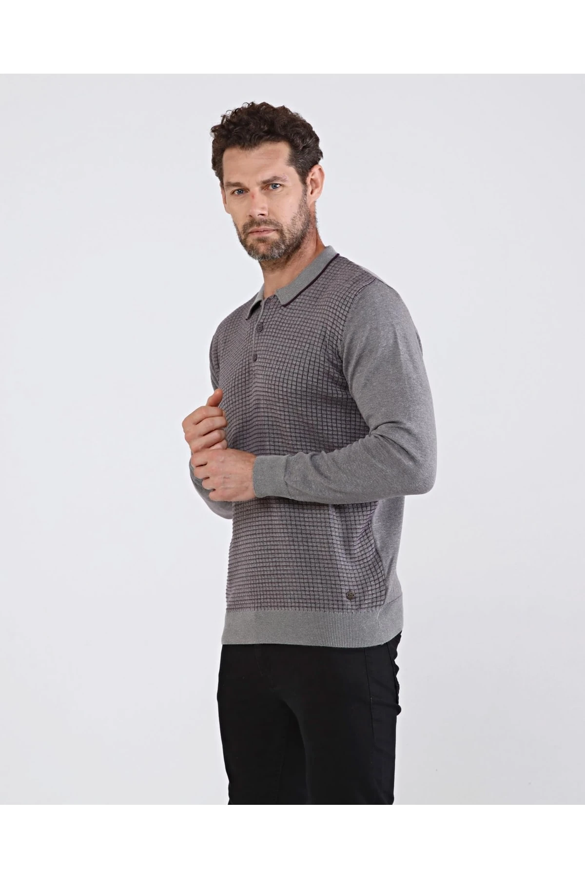 Erkek Polo Yaka Pamuklu Triko Gri Kazak Desenli Kol Ve Bel Lastikli Regular Kalıp