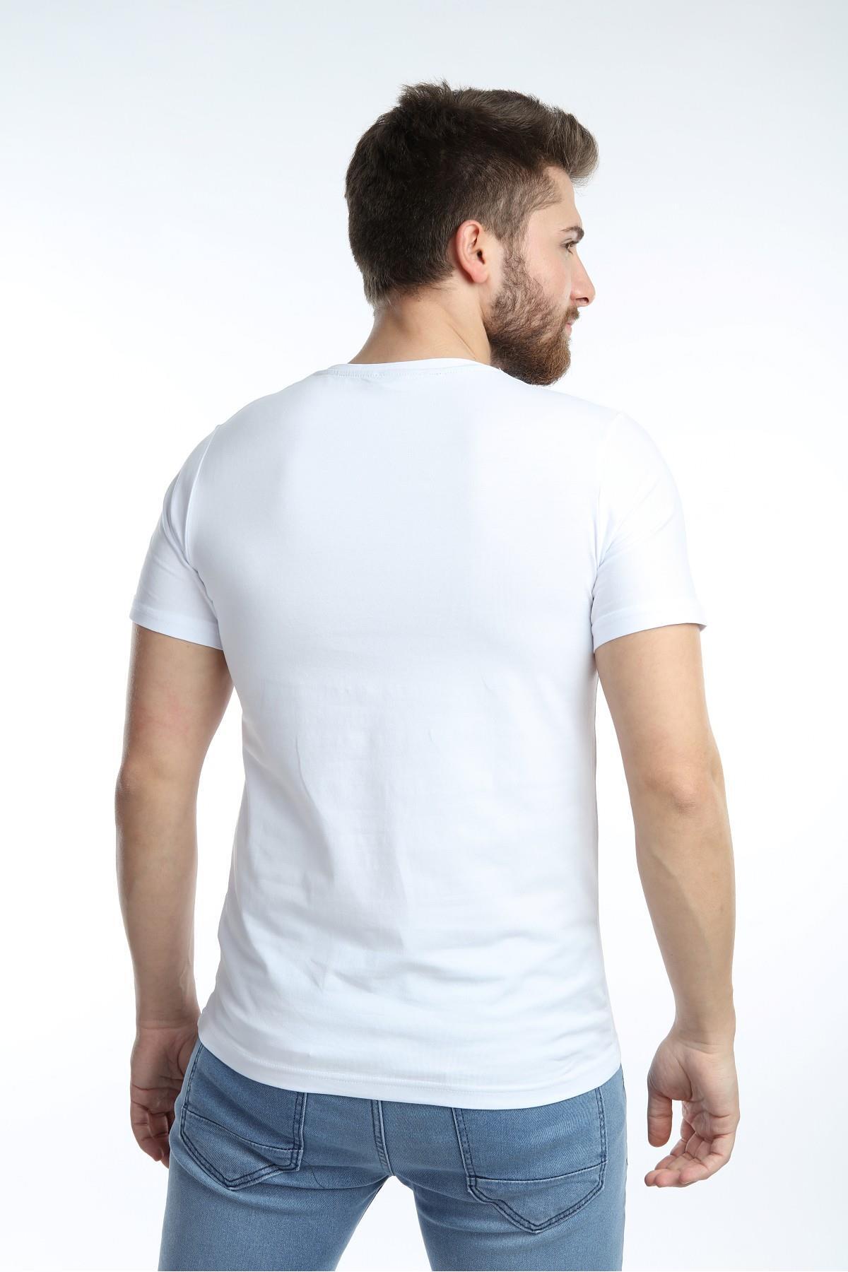 Erkek Bisiklet Yaka Basic Tişört Düz Beyaz Renk Slim Fit
