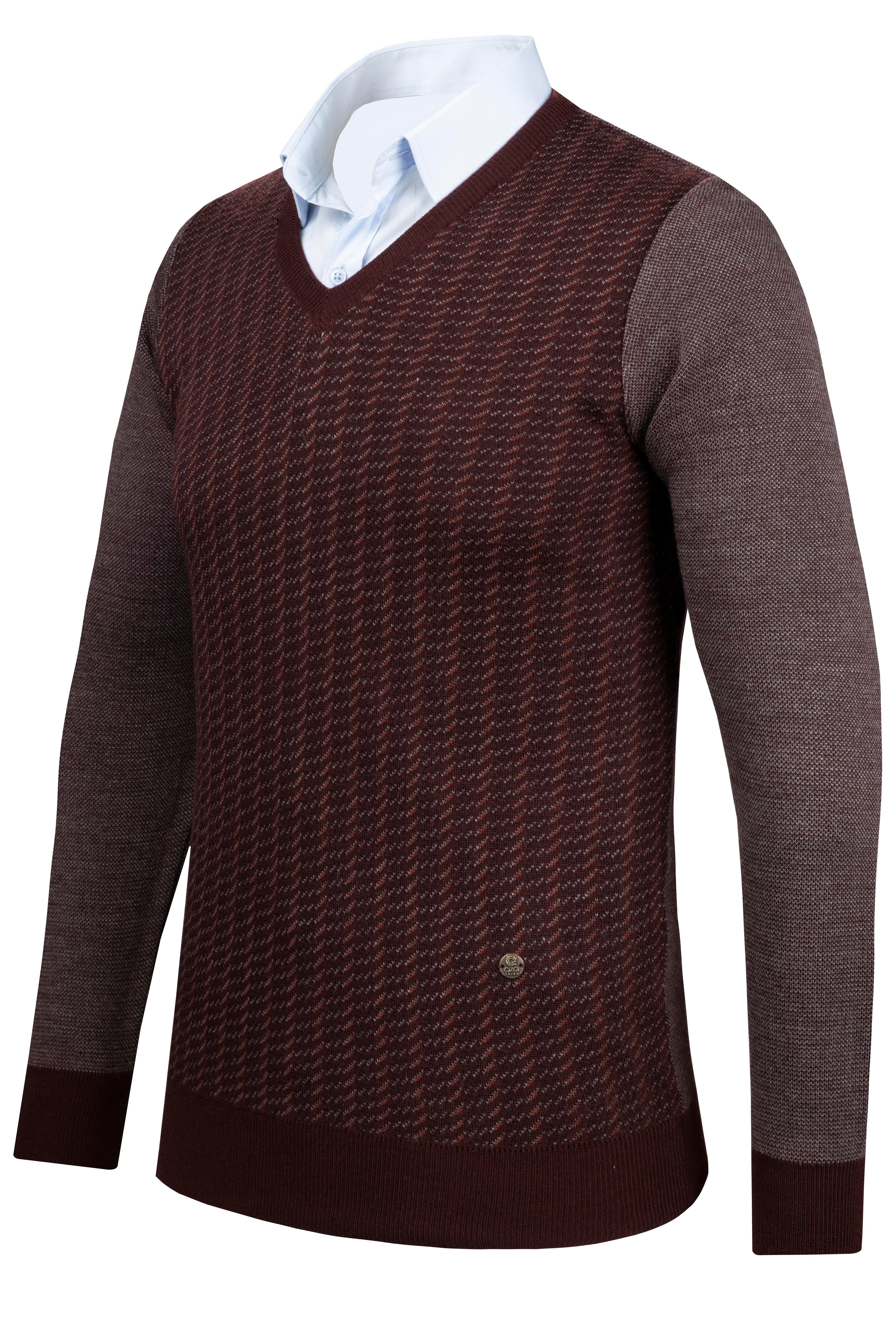 Stripe Knitwear Men's V-Neck Knitwear Sweater Patterned Sleeve and Waist Elastic Steel Knitted Classic Pattern - 5010D - BORDO