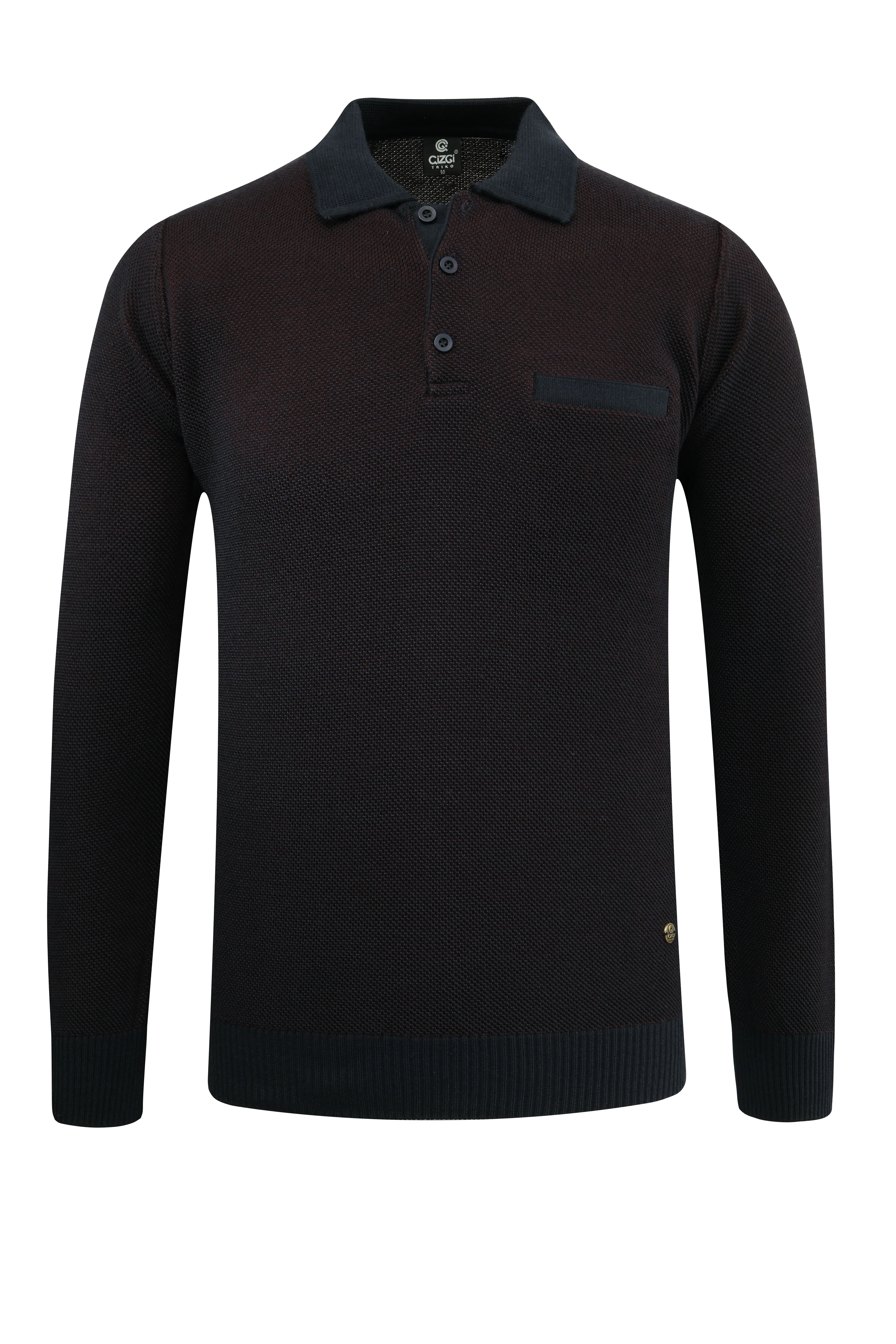 Erkek Polo Yaka Kazak Cepli Pike Desen Çelik Örgü Klasik Kalıp - 5214F - NAVY BLUE