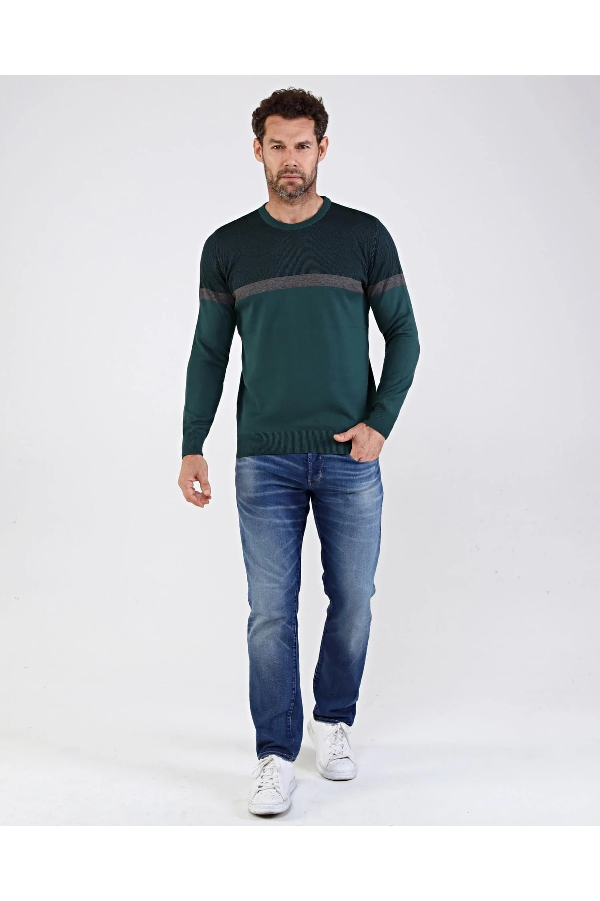 Battal Erkek Sıfır Yaka Pamuklu Triko Nefti Kazak Desenli Kol Ve Bel Lastikli Regular