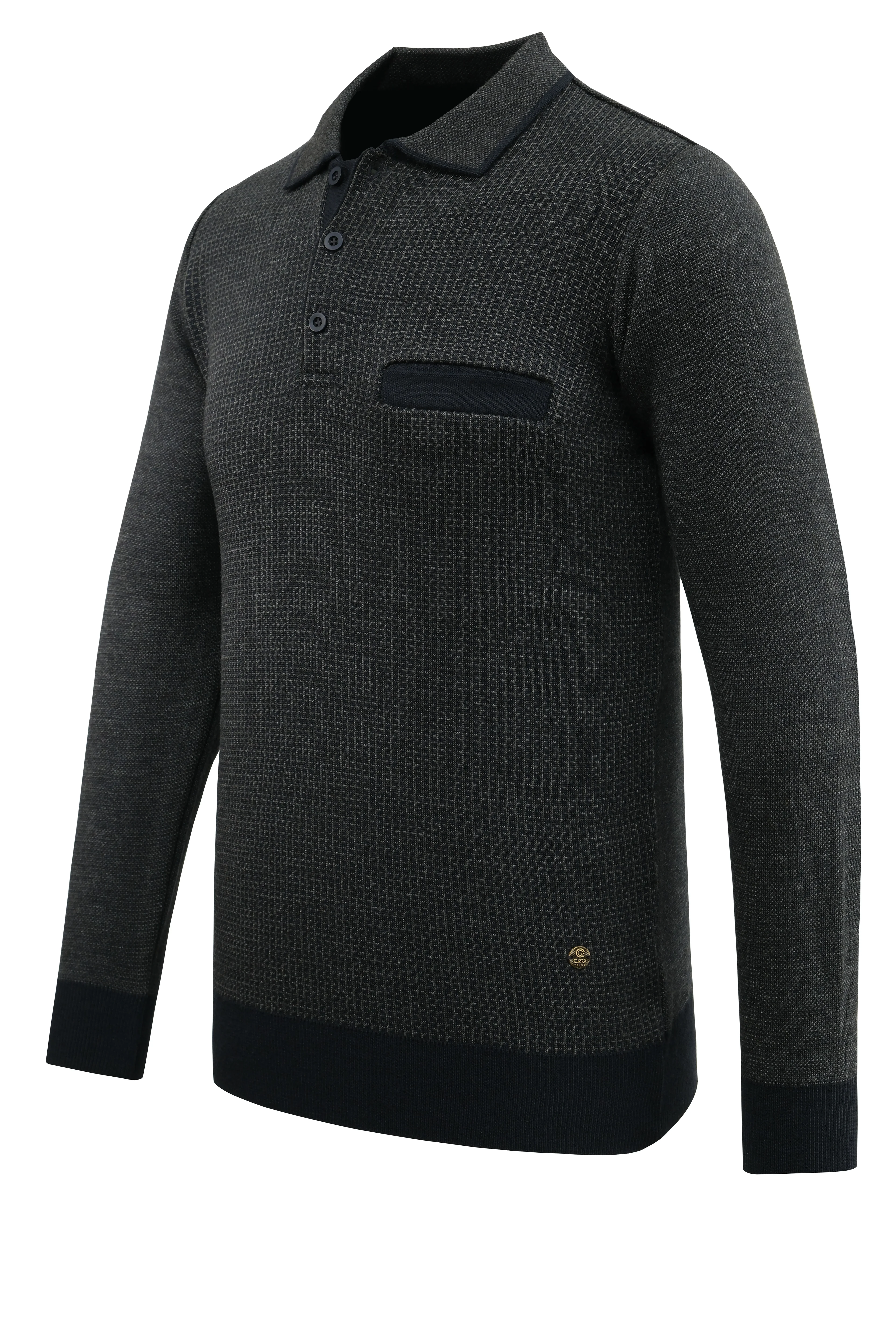 Erkek Polo Yaka Kazak Cepli Desenli Çelik Örgü Klasik Kalıp - 5208F - NAVY BLUE