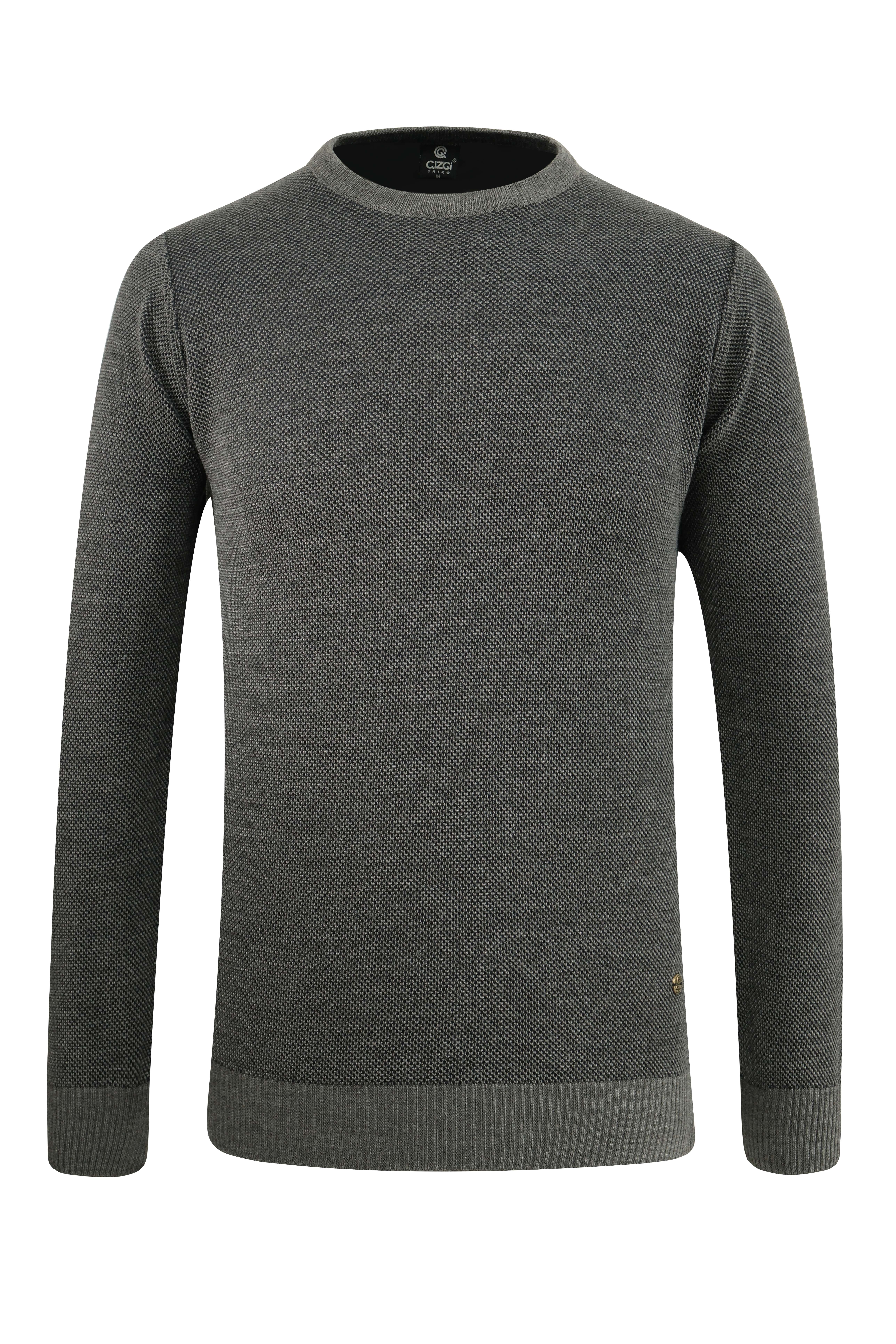 Erkek Sıfır Yaka Kazak Cepli Pike Desen Çelik Örgü Klasik Kalıp - 5214C - GREY