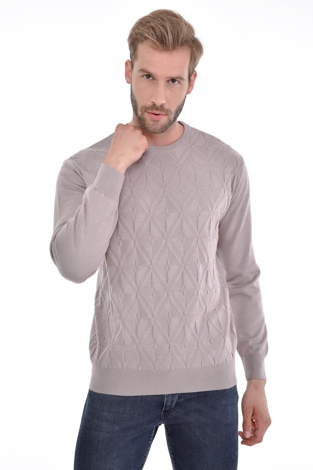 Erkek Sıfır Yaka Pamuklu Triko Bej Kazak Desenli Kol Ve Bel Lastikli Dokuma