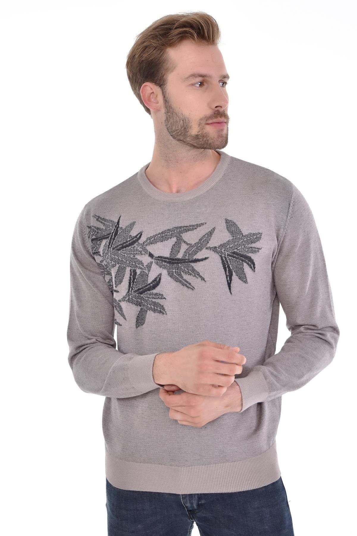 Erkek Sıfır Yaka Pamuklu Triko Bej Kazak Desenli Kol Ve Bel Lastikli Dokuma