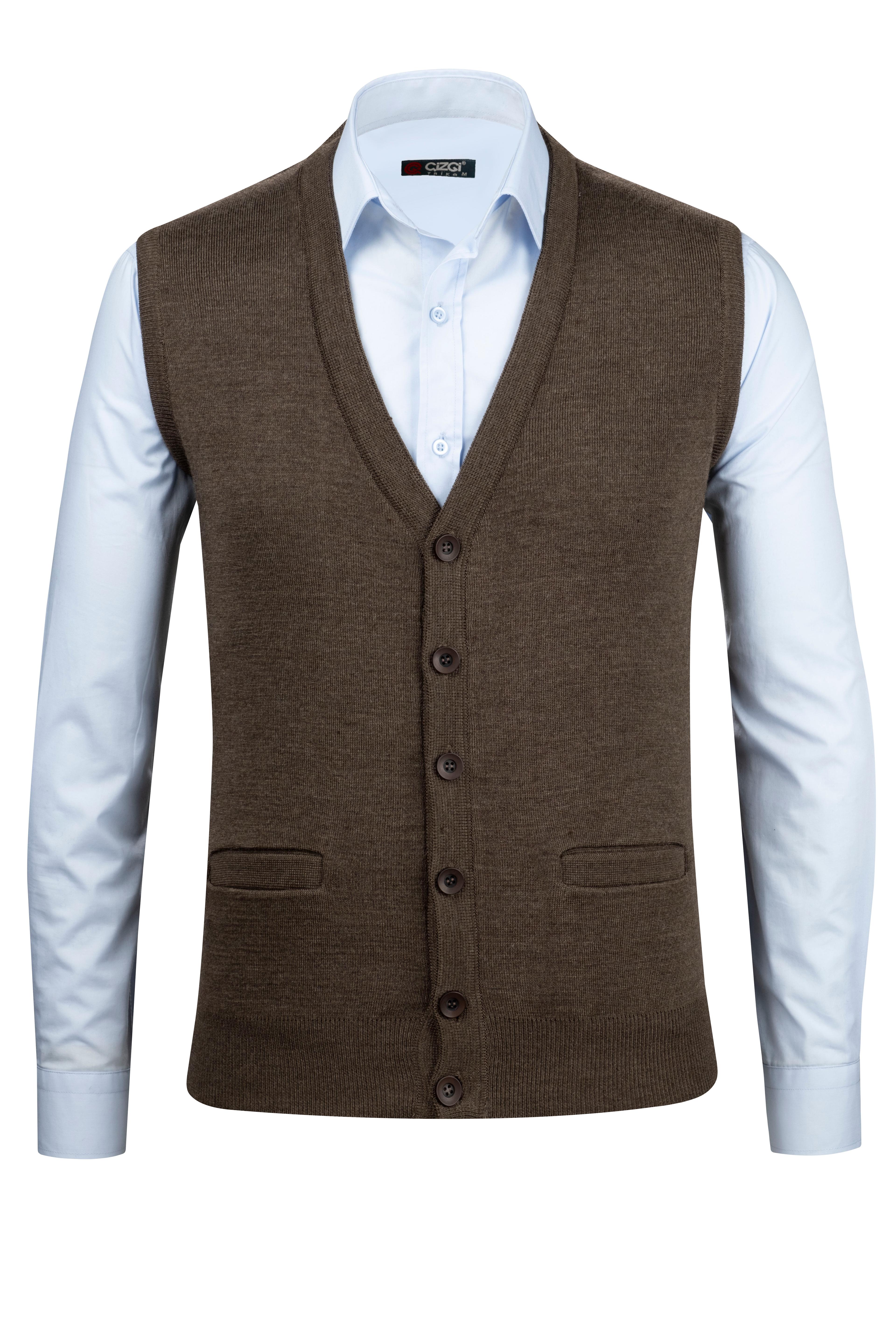 Stripe Knitwear Men's Oversized V-Neck Vest Buttoned Patterned Steel Knitted Classic Pattern -4241LB - KAHVERENGİ