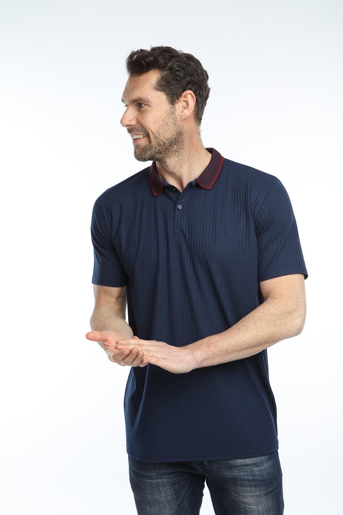 Erkek Polo Yaka Basic Tişört Fitilli Düz Lacivert Renk Slim Fit