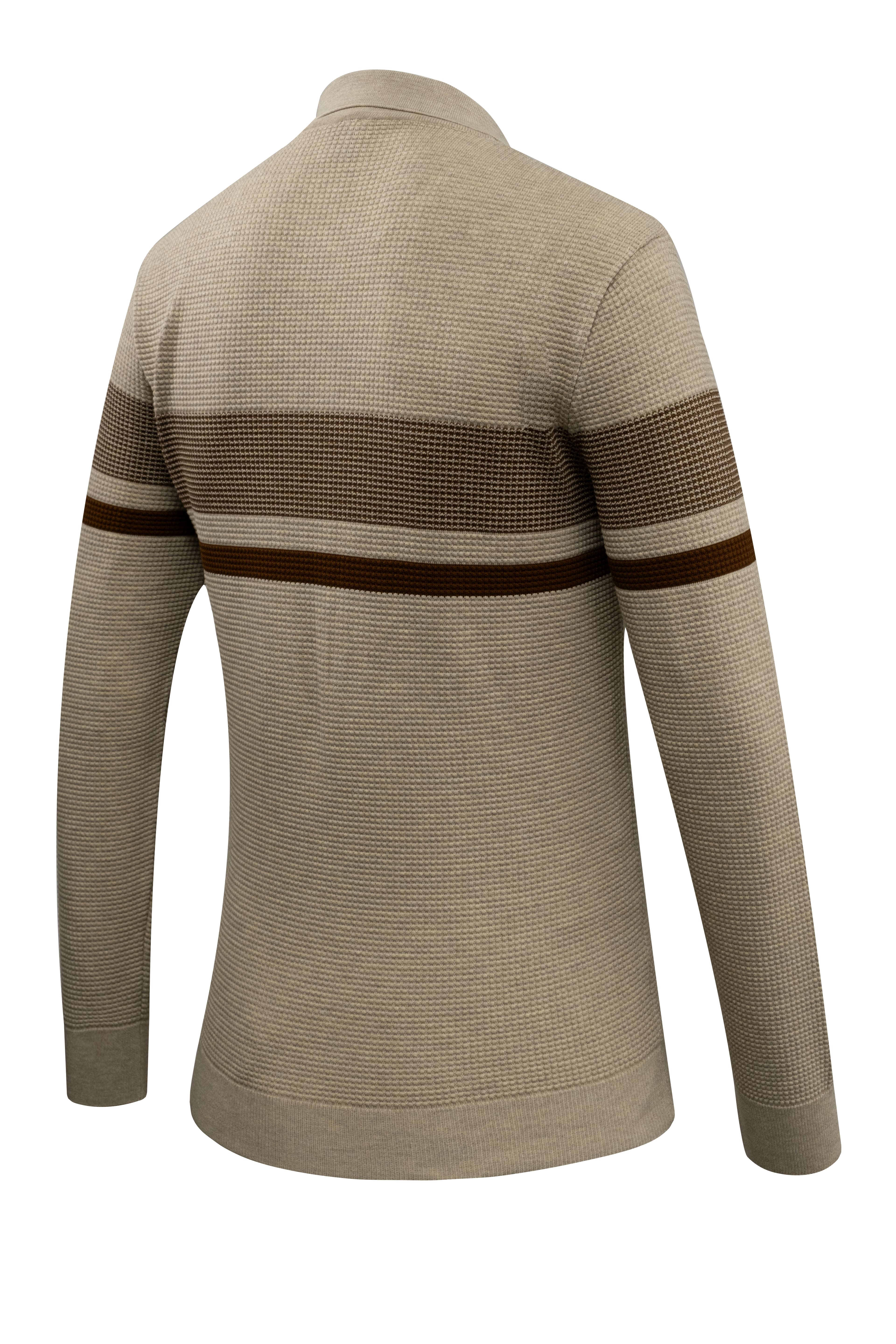 Erkek Fermuarlı Polo Yaka Kazak Triko Kabartmalı Örgü Desenli Klasik Kalıp - 5241F - BEIGE