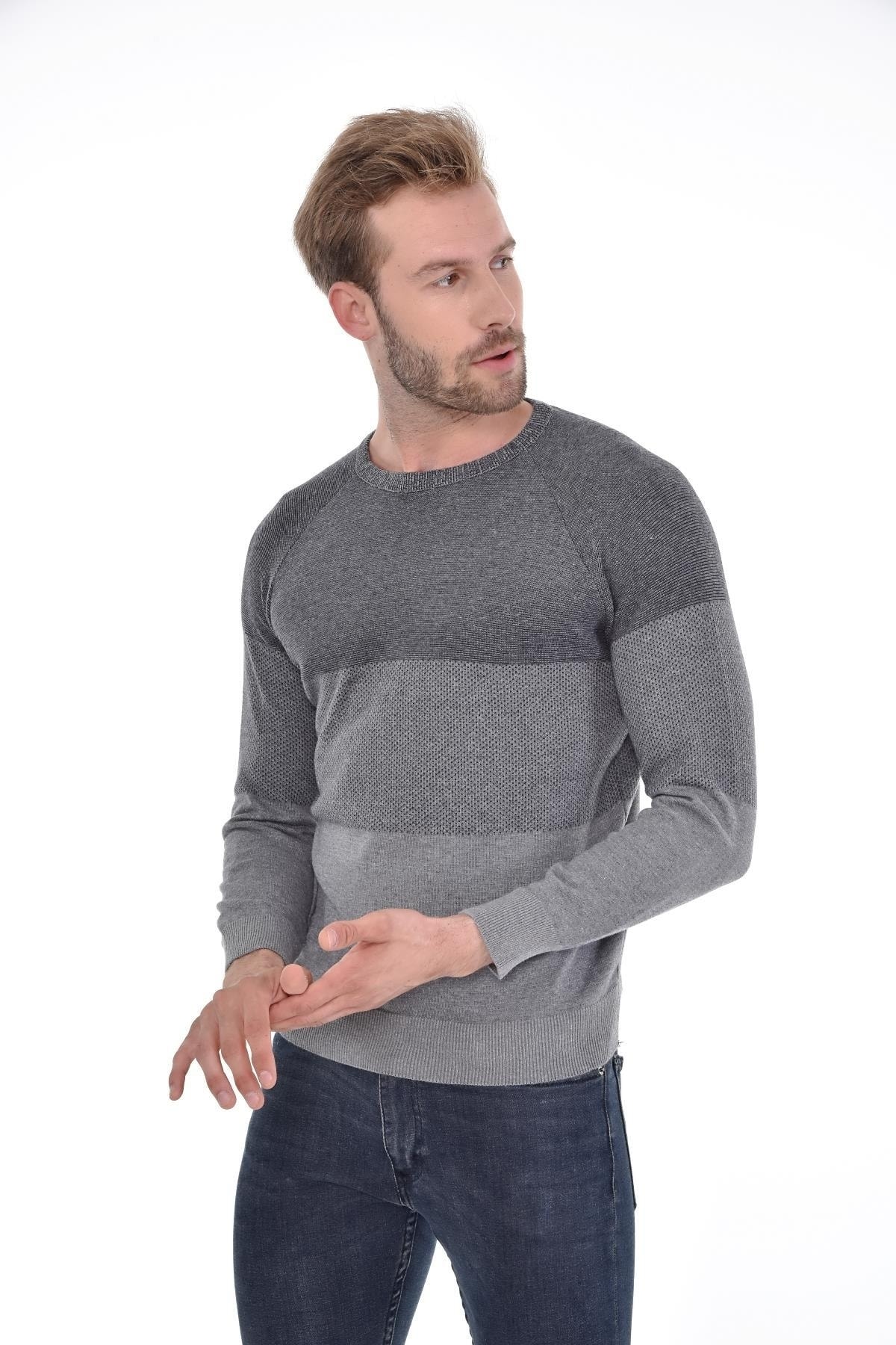 Erkek Sıfır Yaka Pamuklu Triko Gri Kazak Desenli Kol Ve Bel Lastikli Dokuma