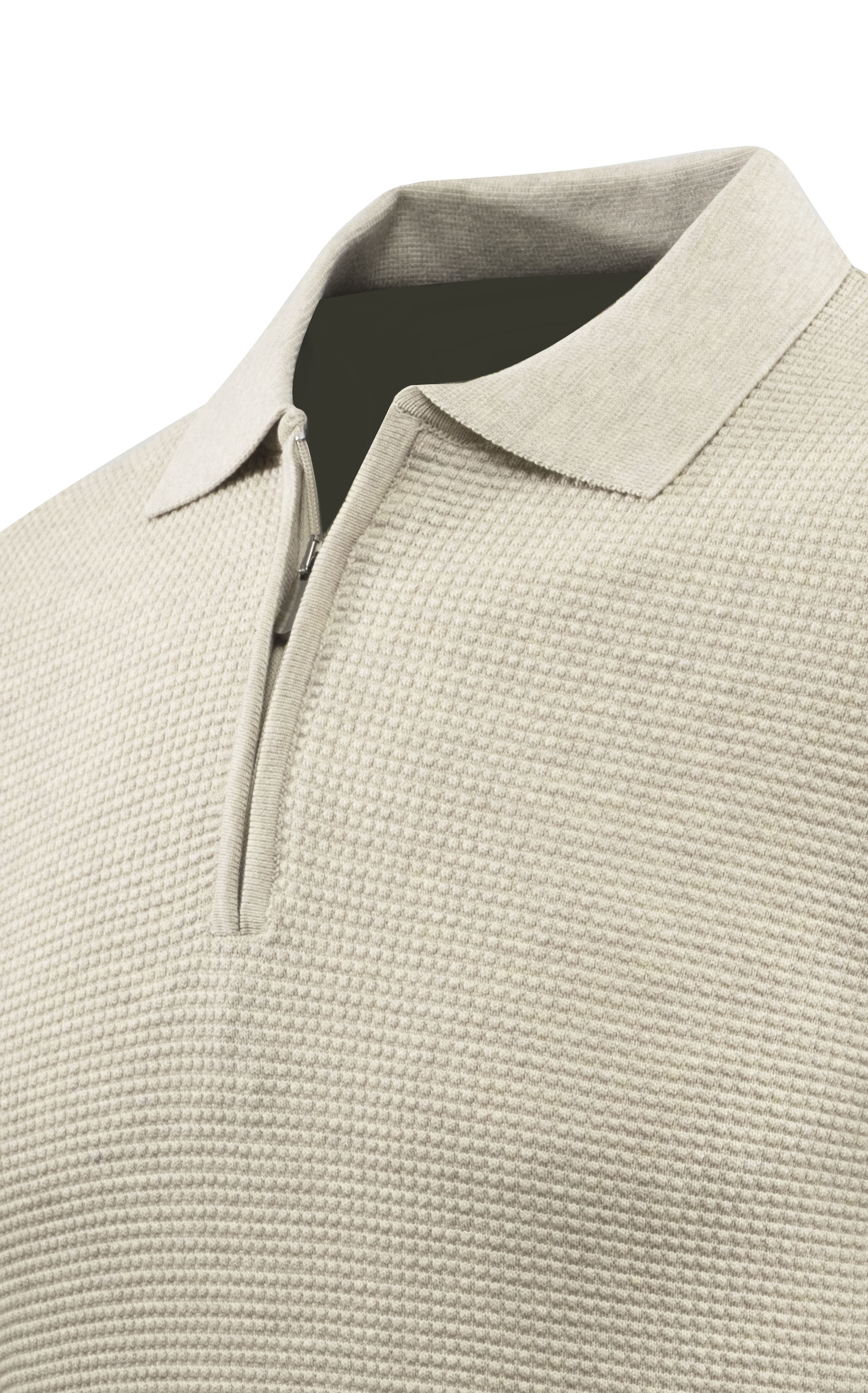 Erkek Fermuarlı Polo Yaka Kazak Triko Kabartmalı Örgü Düz Renk Klasik Kalıp - 5240F - BEIGE