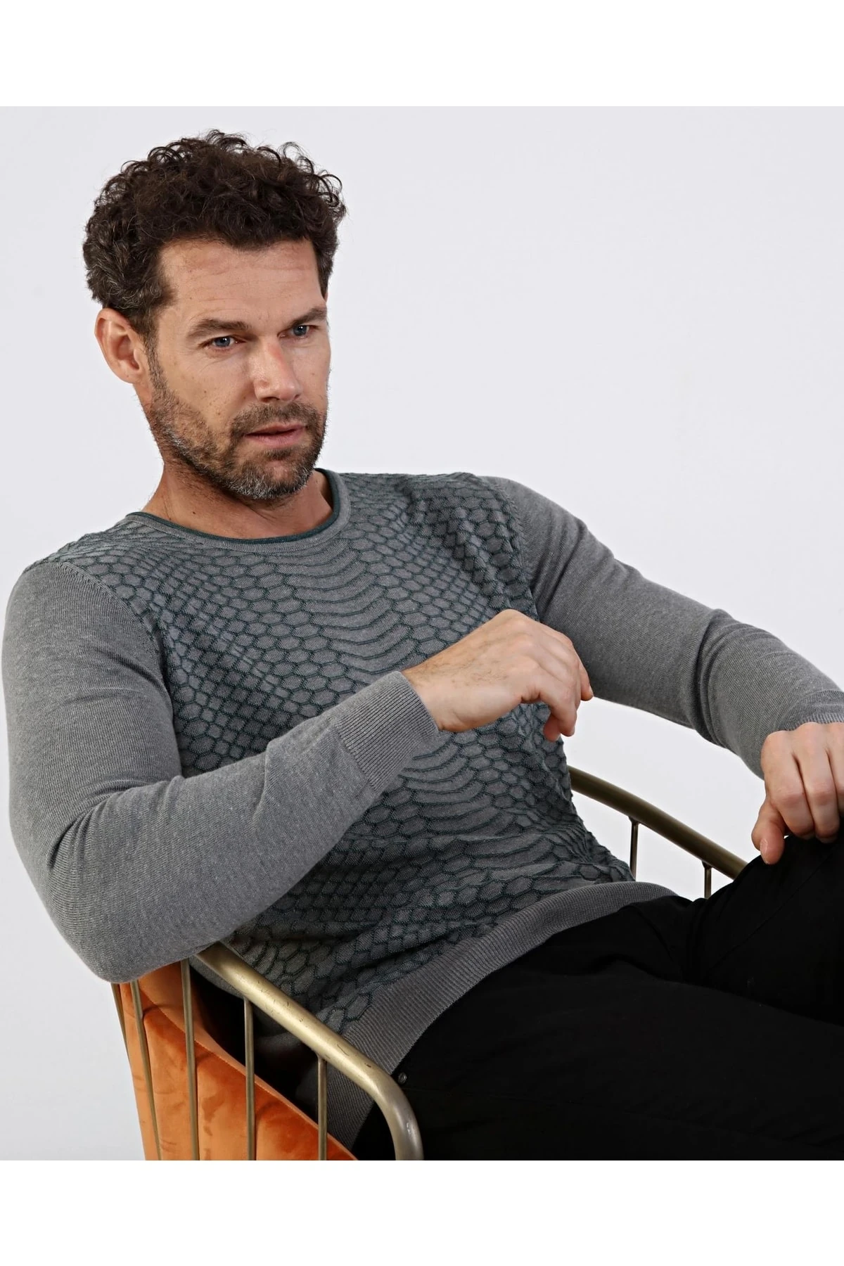 Erkek Sıfır Yaka Pamuklu Triko Gri Kazak Desenli Kol Ve Bel Lastikli Regular Kalıp