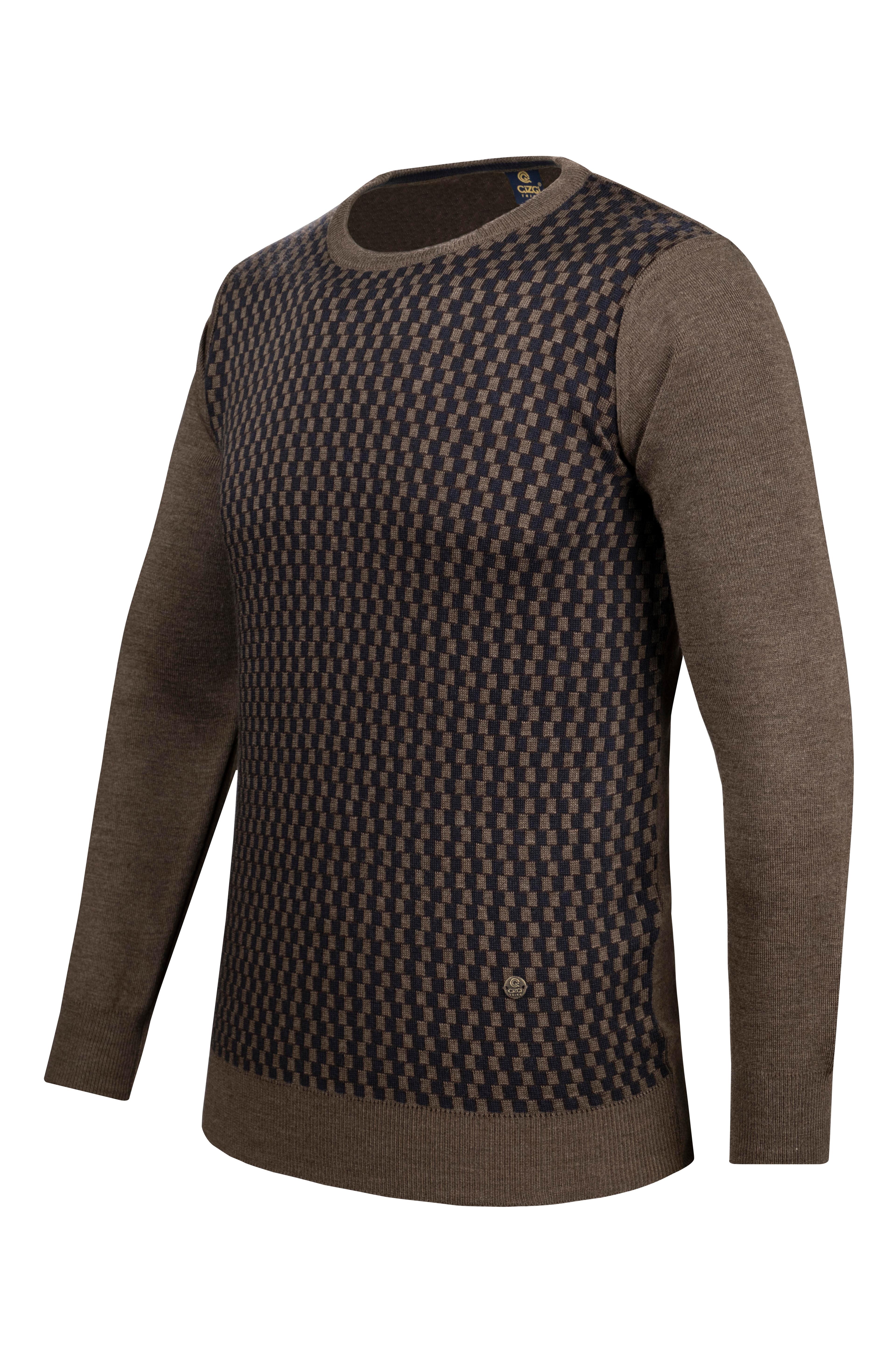 Stripe Knitwear Men's Crew Neck Knitwear Sweater Patterned Sleeve and Waist Elastic Steel Knitted Regular Pattern - 5006C - BROWN