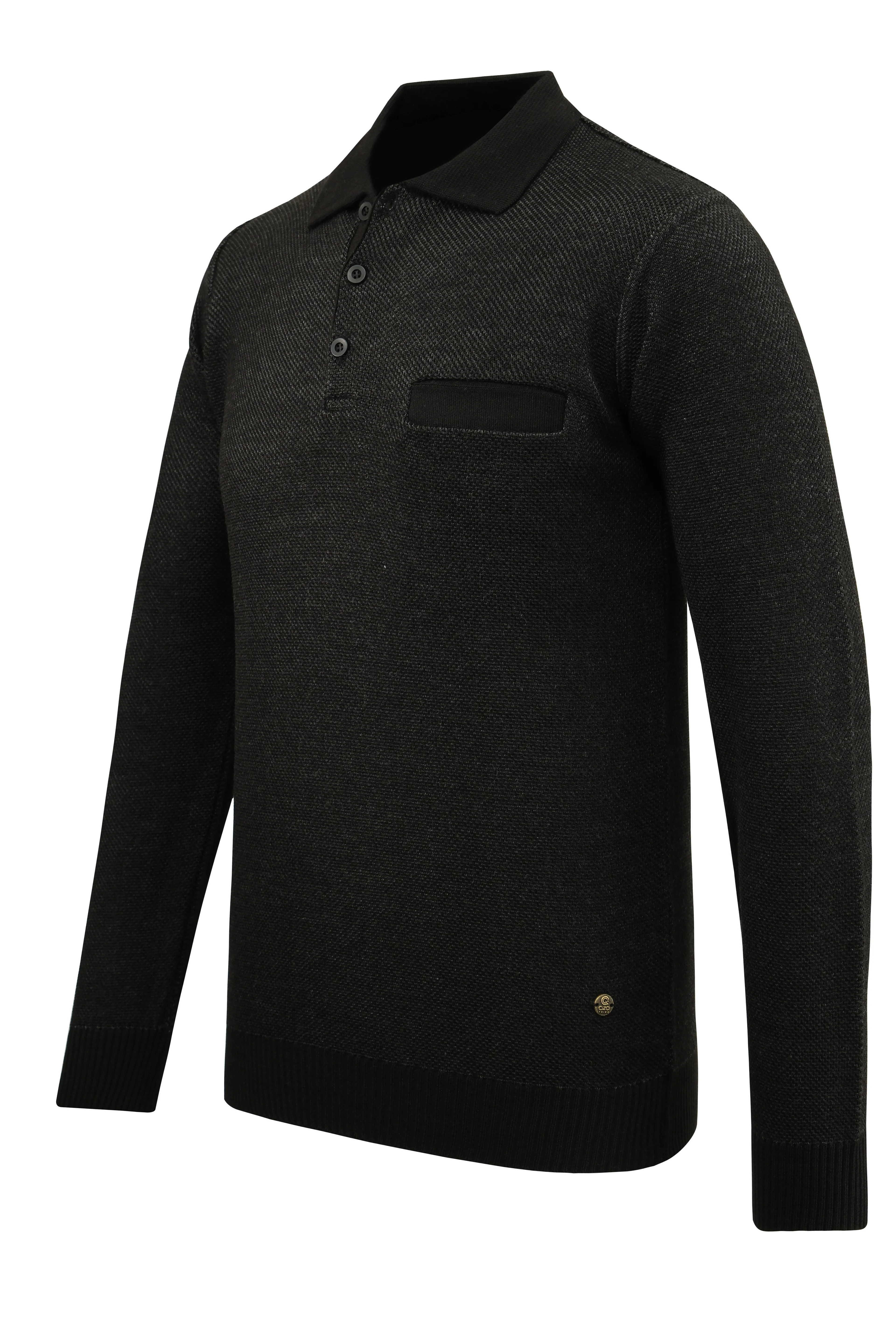 Erkek Polo Yaka Kazak Cepli Pike Desen Çelik Örgü Klasik Kalıp - 5214F - BLACK