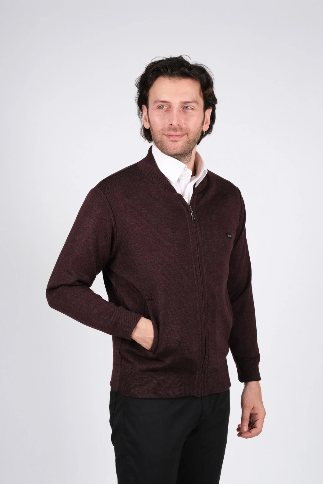 Çizgi Triko Erkek Hakim Yaka Astarlı Triko Mont Fermuarlı  Çelik Örgü -4200T