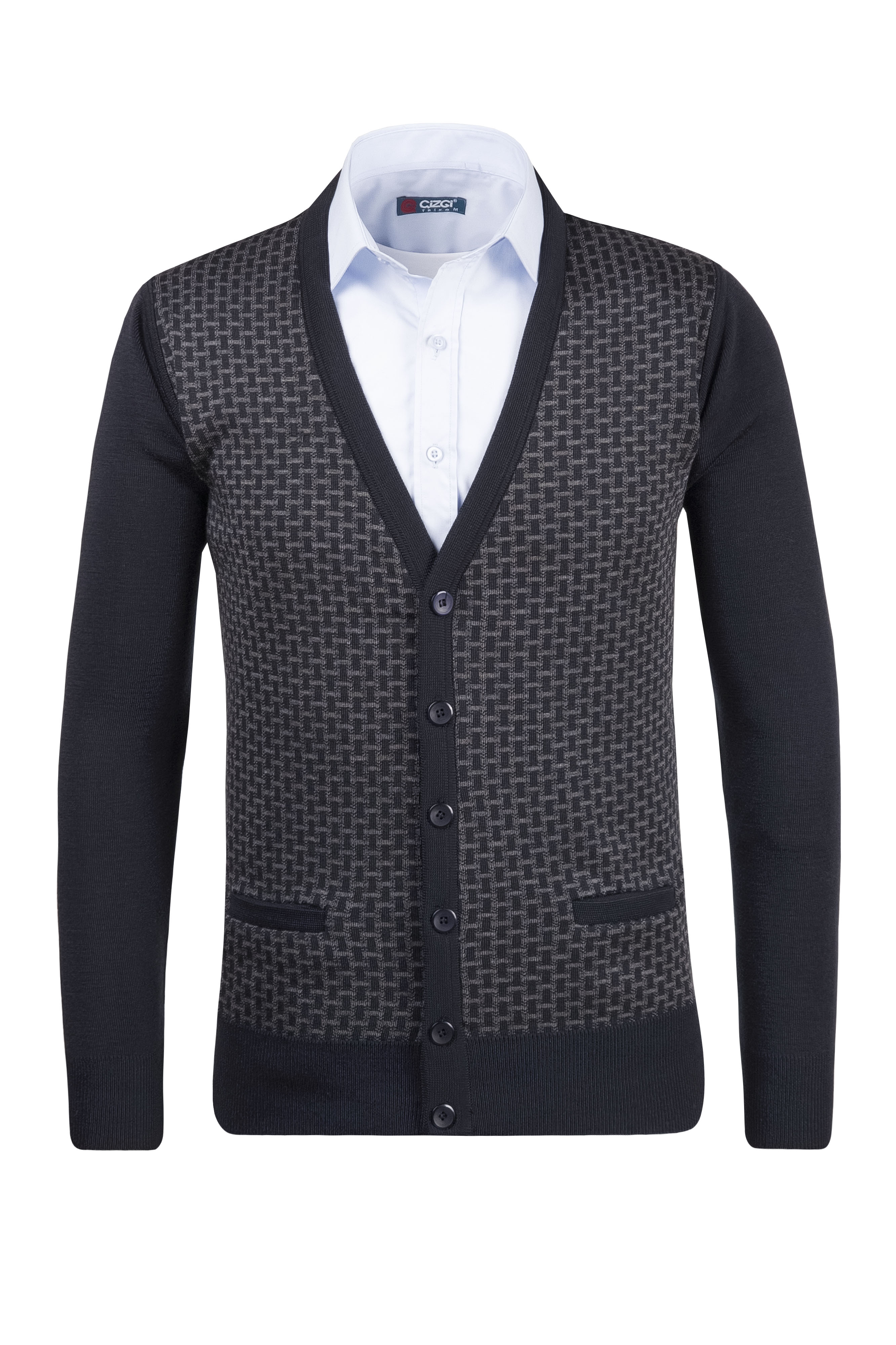 Çizgi Triko Erkek V Yaka Triko Hırka Düğmeli Cep Detaylı Desenli Çelik Örgü Klasik Kalıp