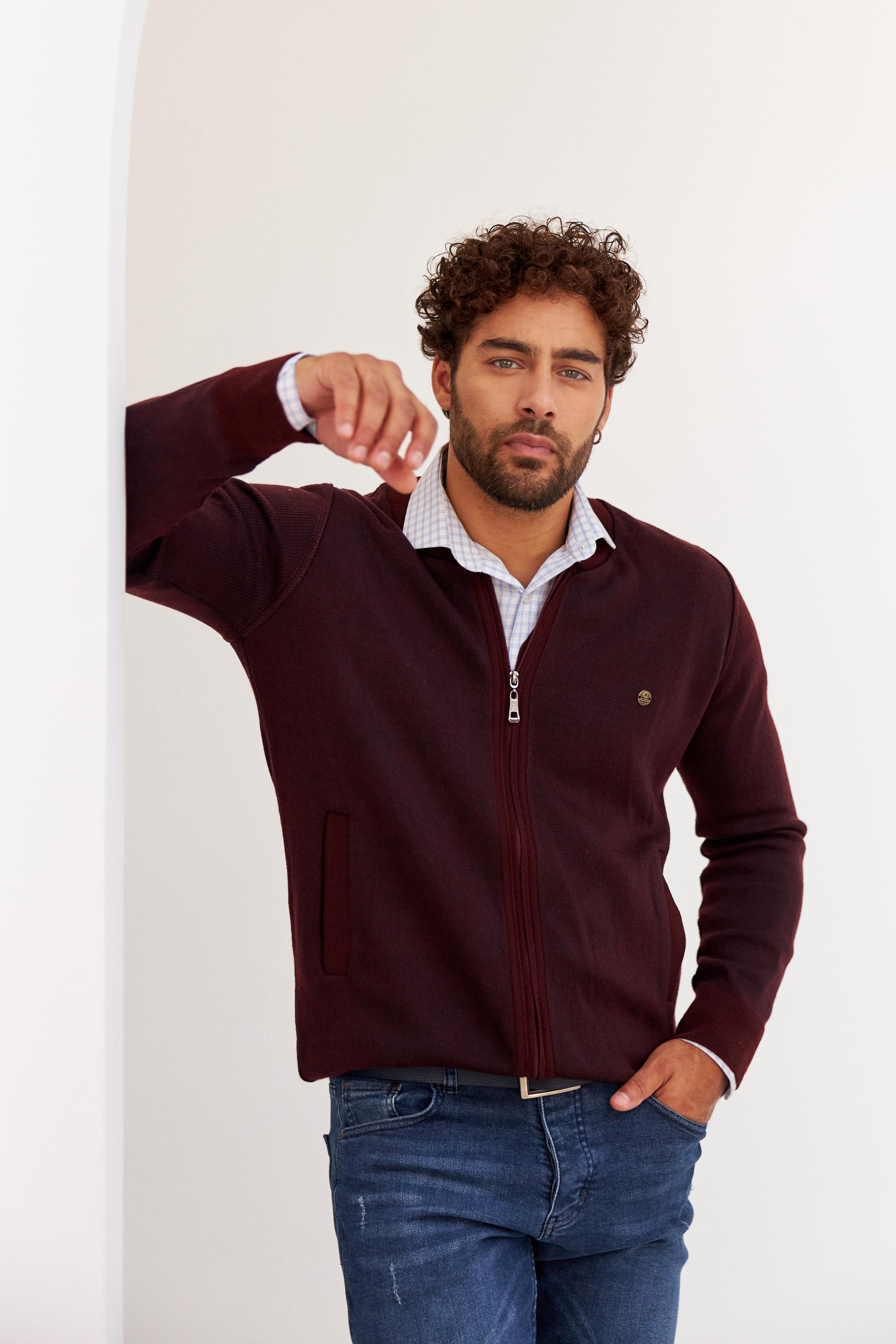 Stripe Knitwear Men's Knitwear Jacket with Zipper Pocket Detail Patterned Sleeve and Waist Elastic Steel Knit - 5015K - BURGUNDY