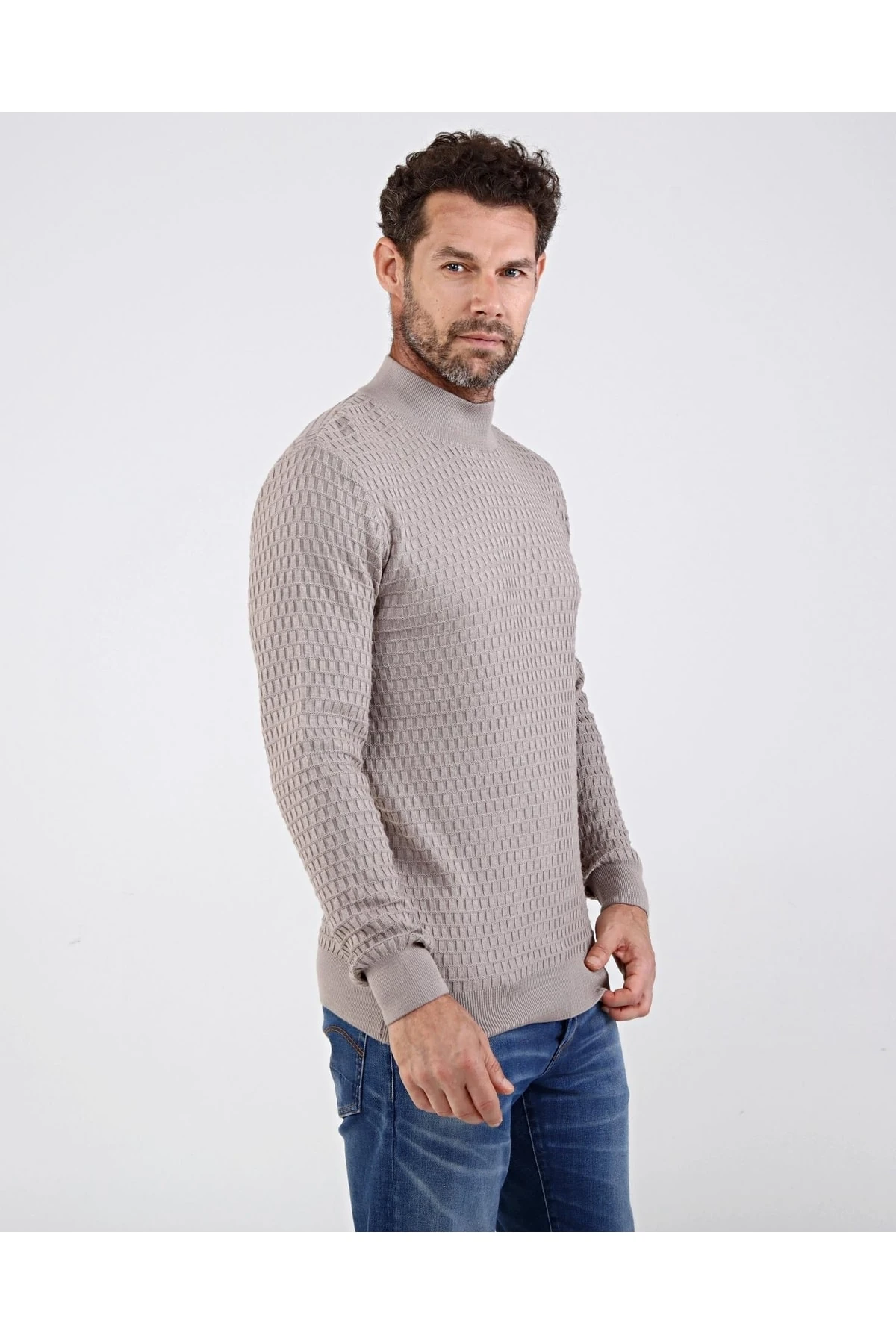 Erkek Yarım Balıkçı Yaka Pamuklu Triko Bej Kazak Desenli Kol Ve Bel Lastikli Regular