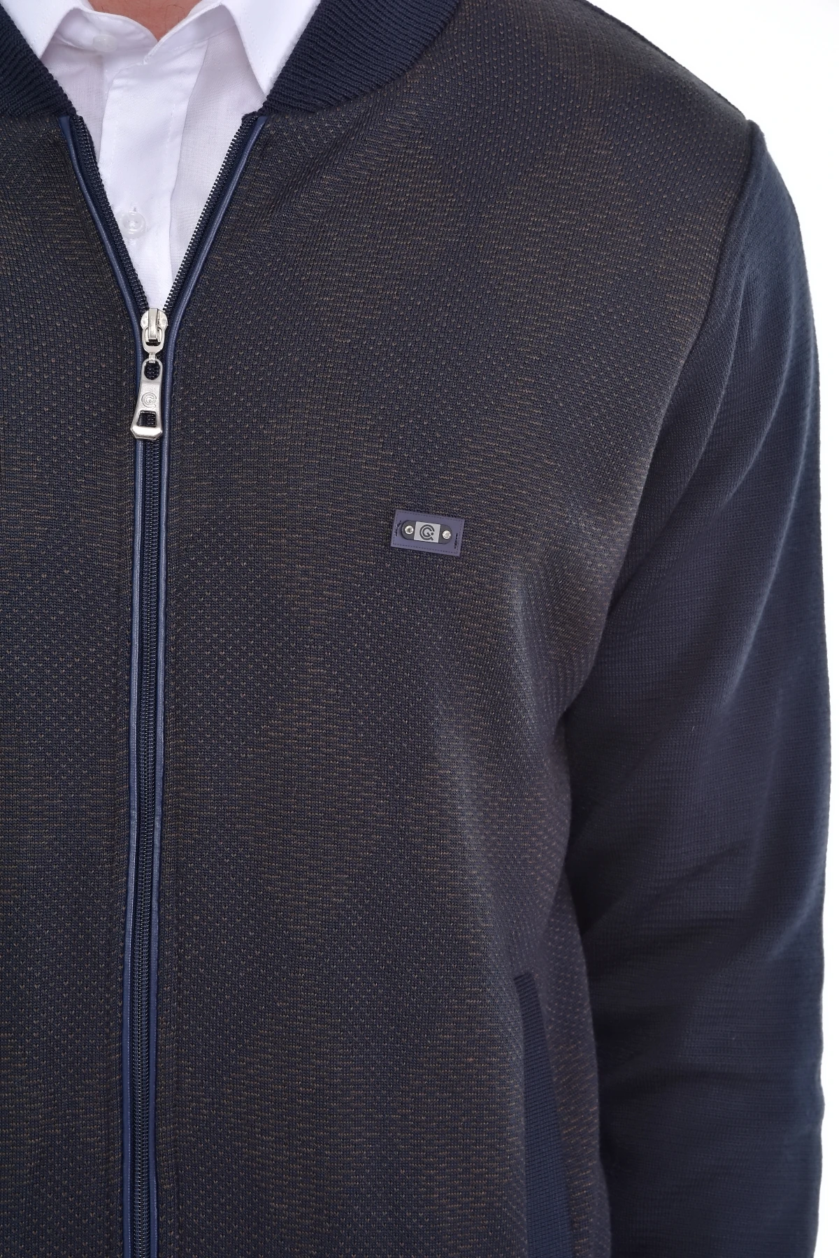 Çizgi Triko Erkek Hakim Yaka Astarlı Triko Mont Fermuarlı Desenli Çelik Örgü