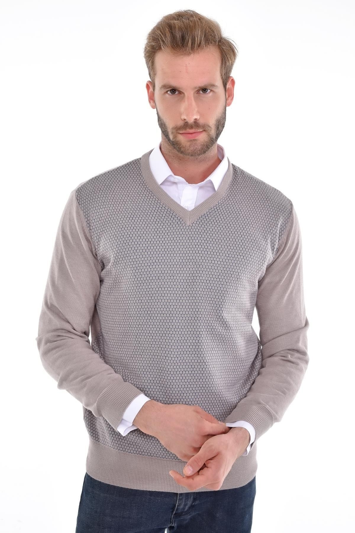 Erkek V Yaka Pamuklu Triko Bej Kazak Desenli Kol Ve Bel Lastikli Dokuma