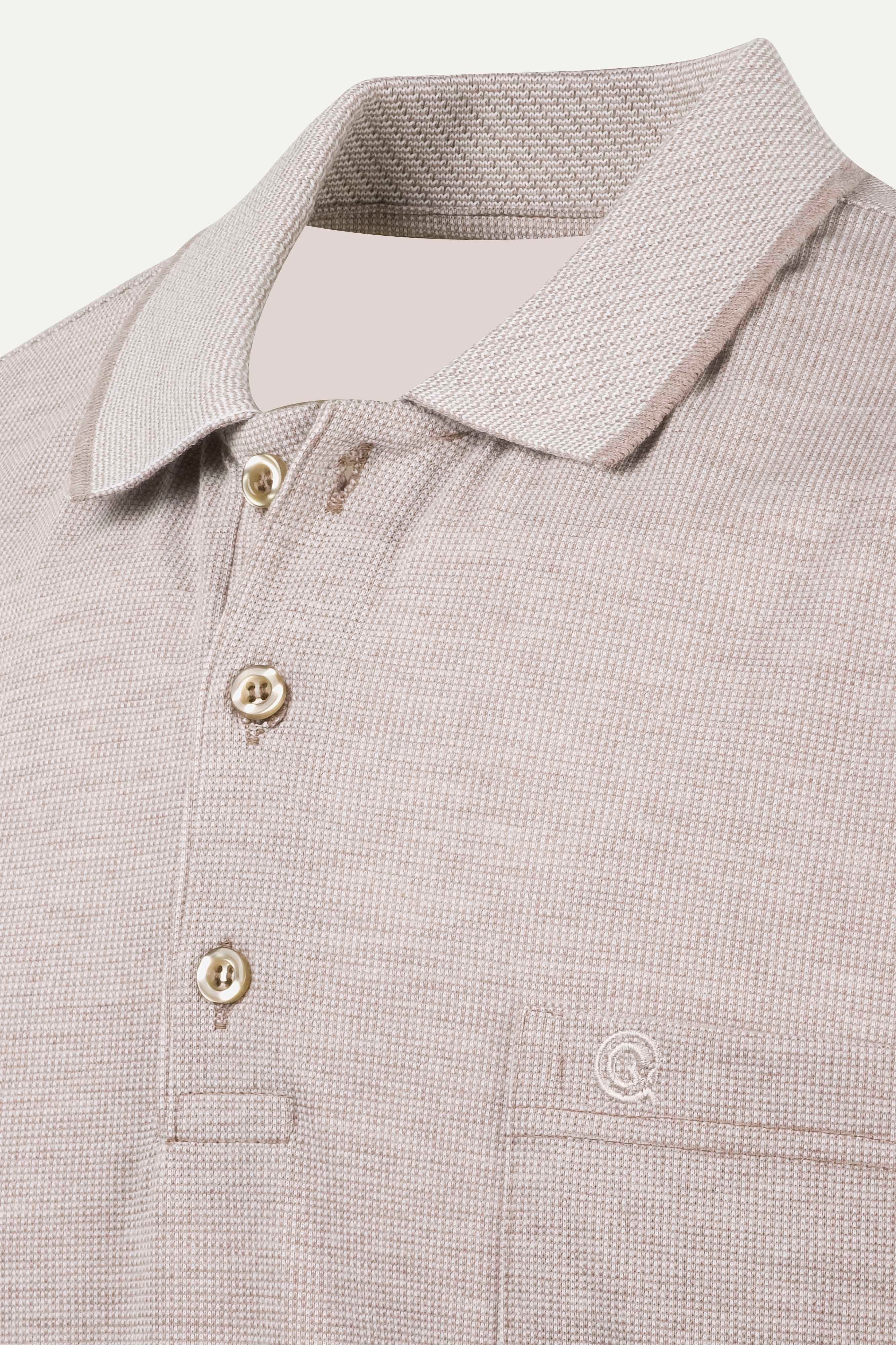 Çizgi Triko Erkek Polo Yaka Düğmeli Cepli Tişört Klasik Kalıp - BEJ