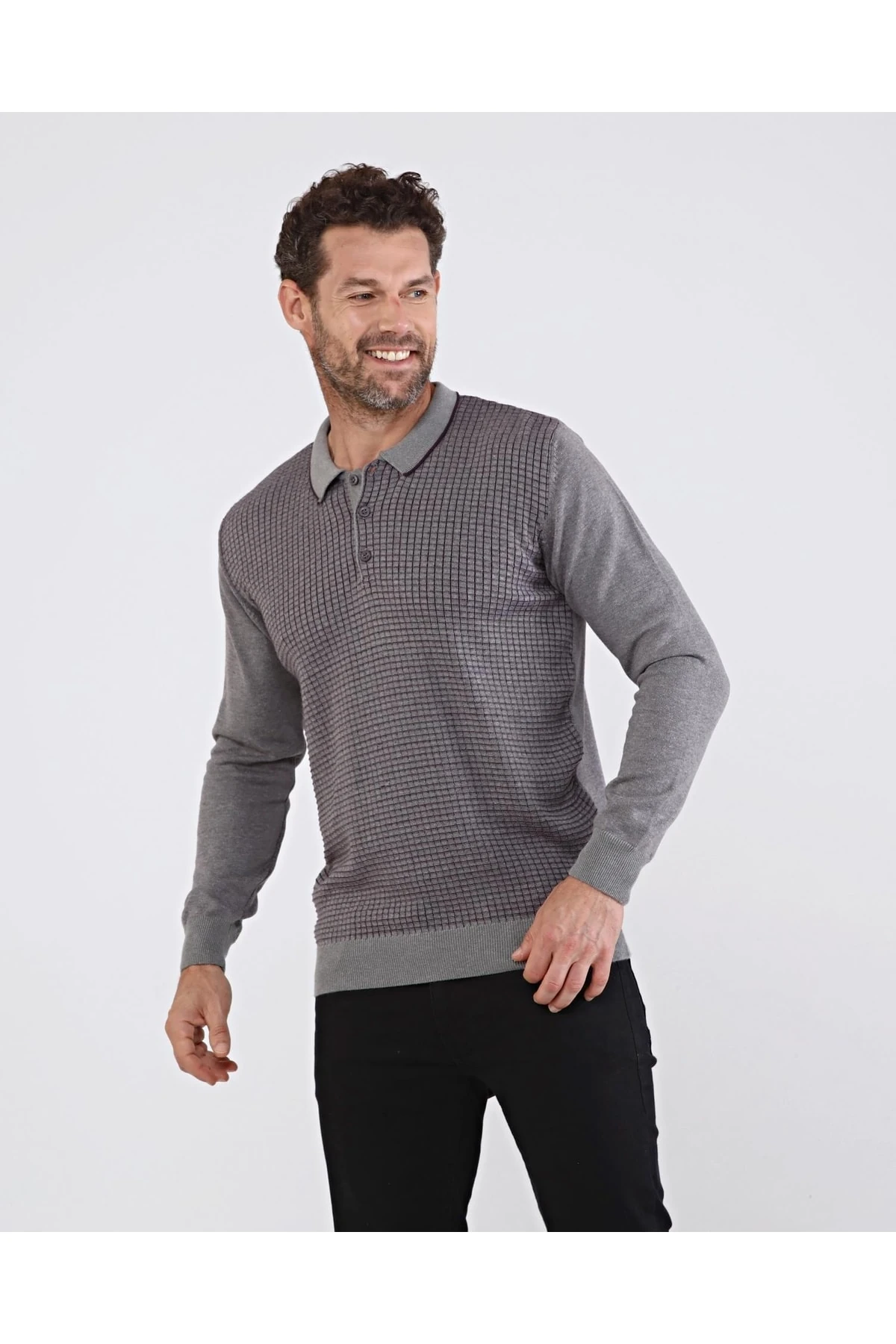 Erkek Polo Yaka Pamuklu Triko Gri Kazak Desenli Kol Ve Bel Lastikli Regular Kalıp