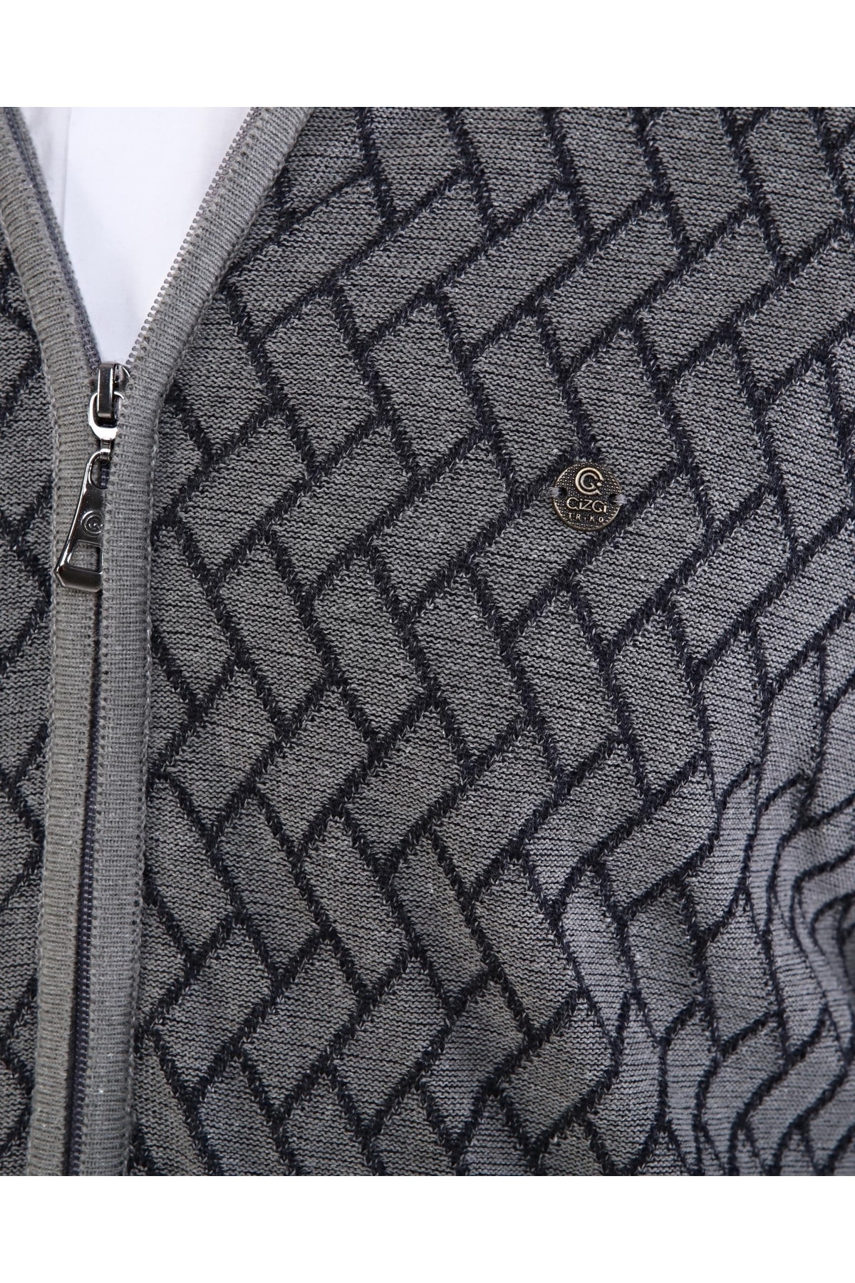 Erkek Triko Pamuklu Gri Ceket Fermuarlı Desenli Kol Ve Bel Lastikli Regular Kalıp