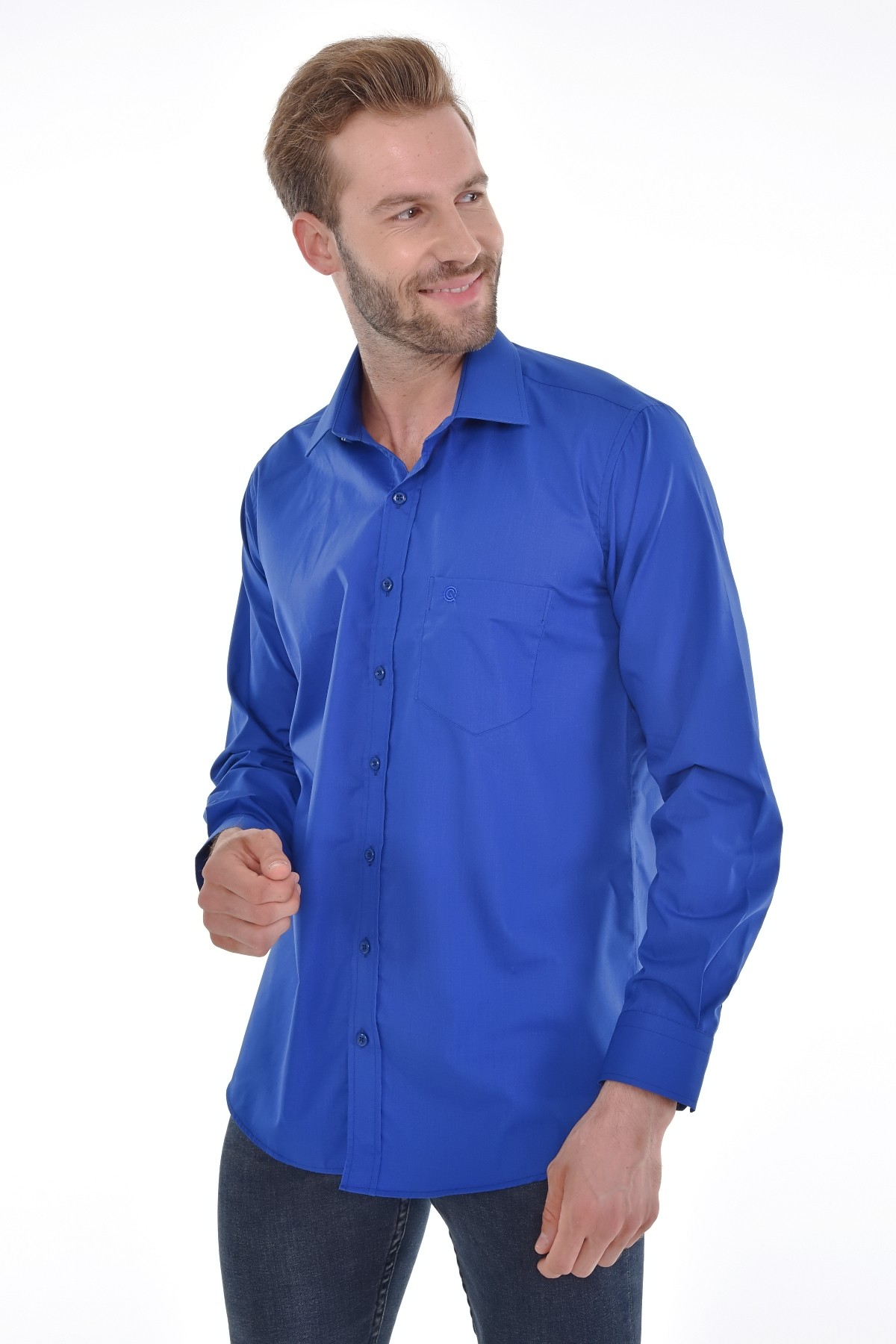 Çizgi Triko Cepli Klasik Kalıp Düz Renk Uzun Kollu Erkek Gömlek - PARLAMENT MAVİ
