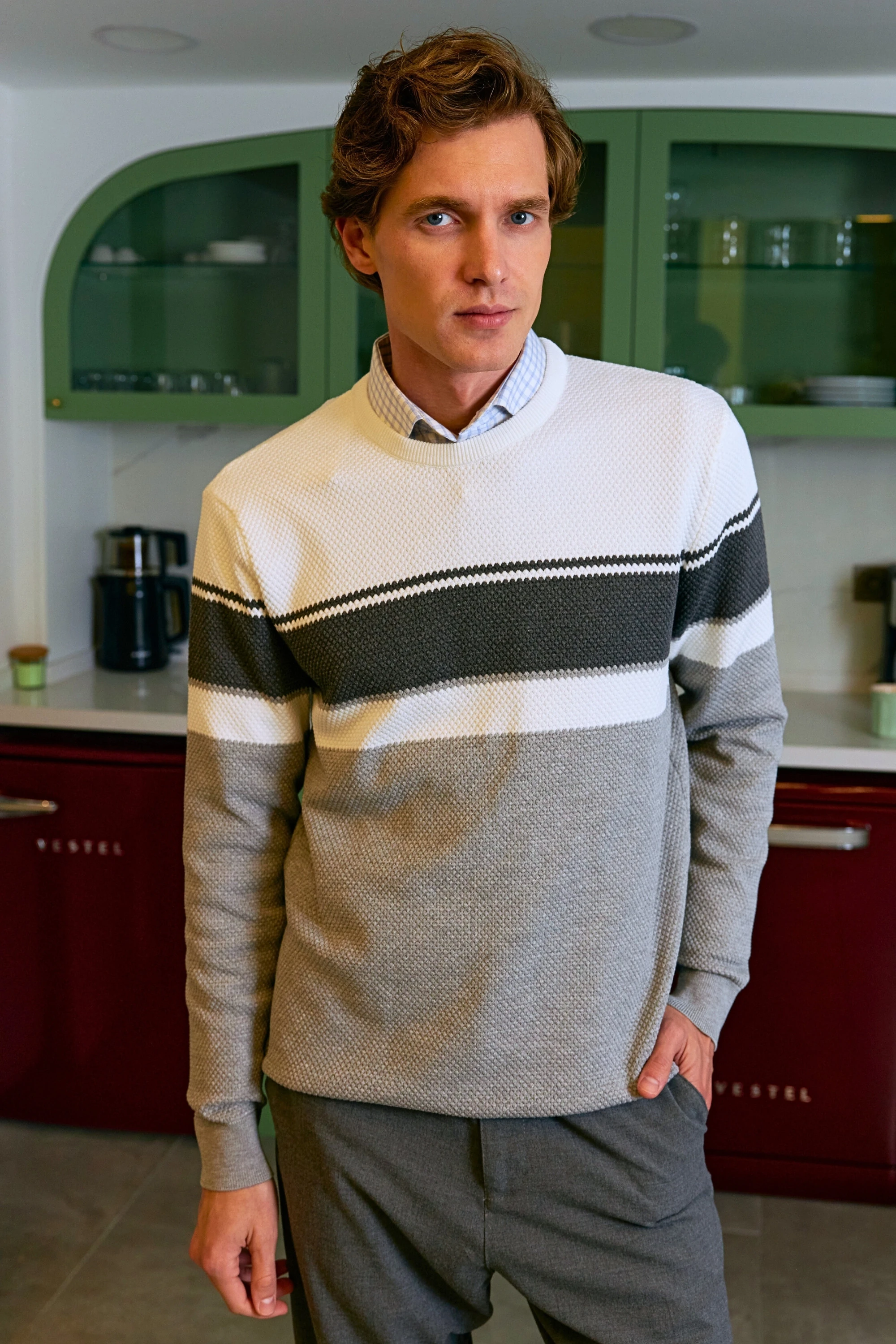 Erkek Sıfır Yaka Kazak Triko Petek Örgü Desenli Klasik Kalıp - 5244C