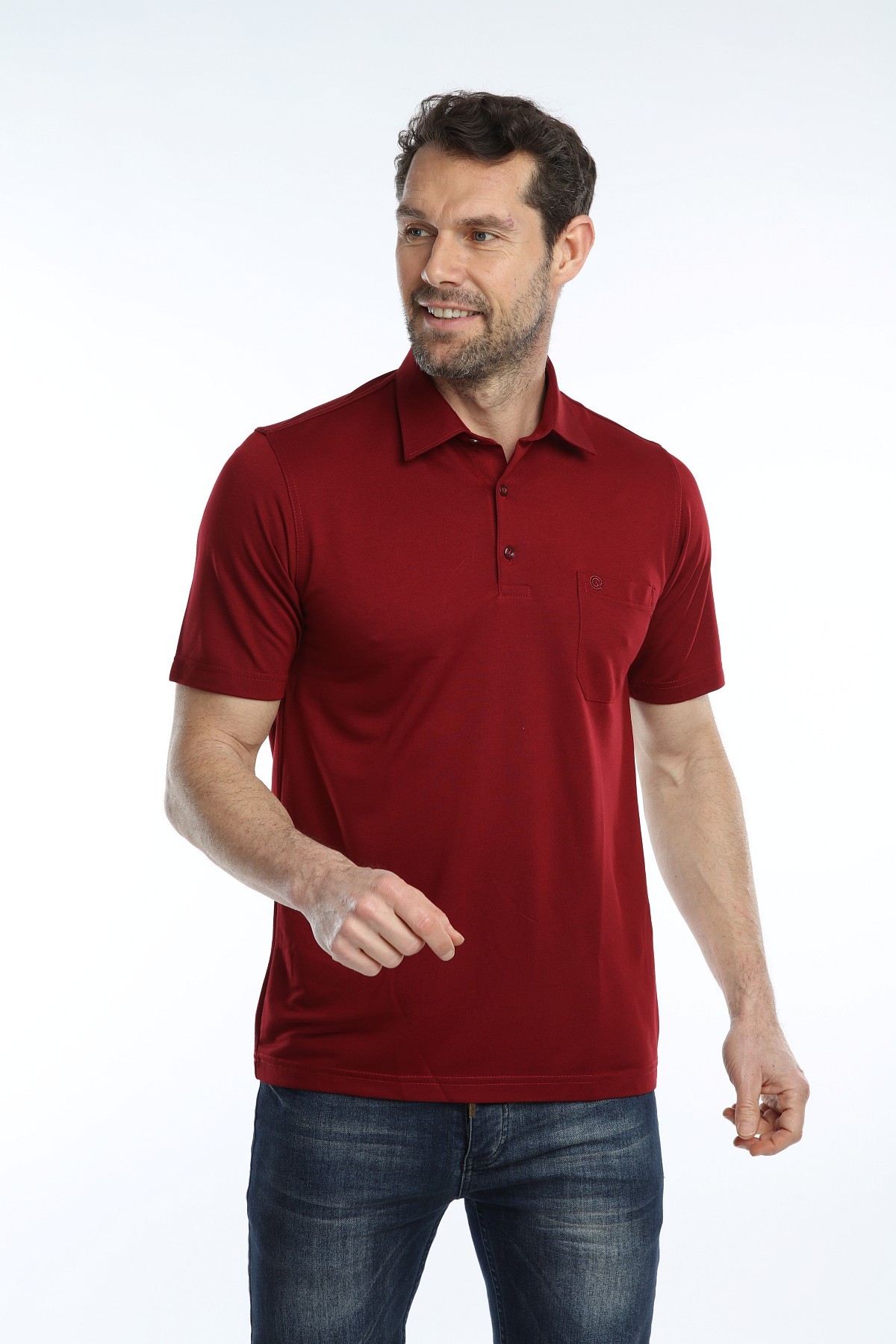 Çizgi Triko Erkek Gömlek Yaka Tişört Düz Renk Günlük Cep Detaylı - BORDO