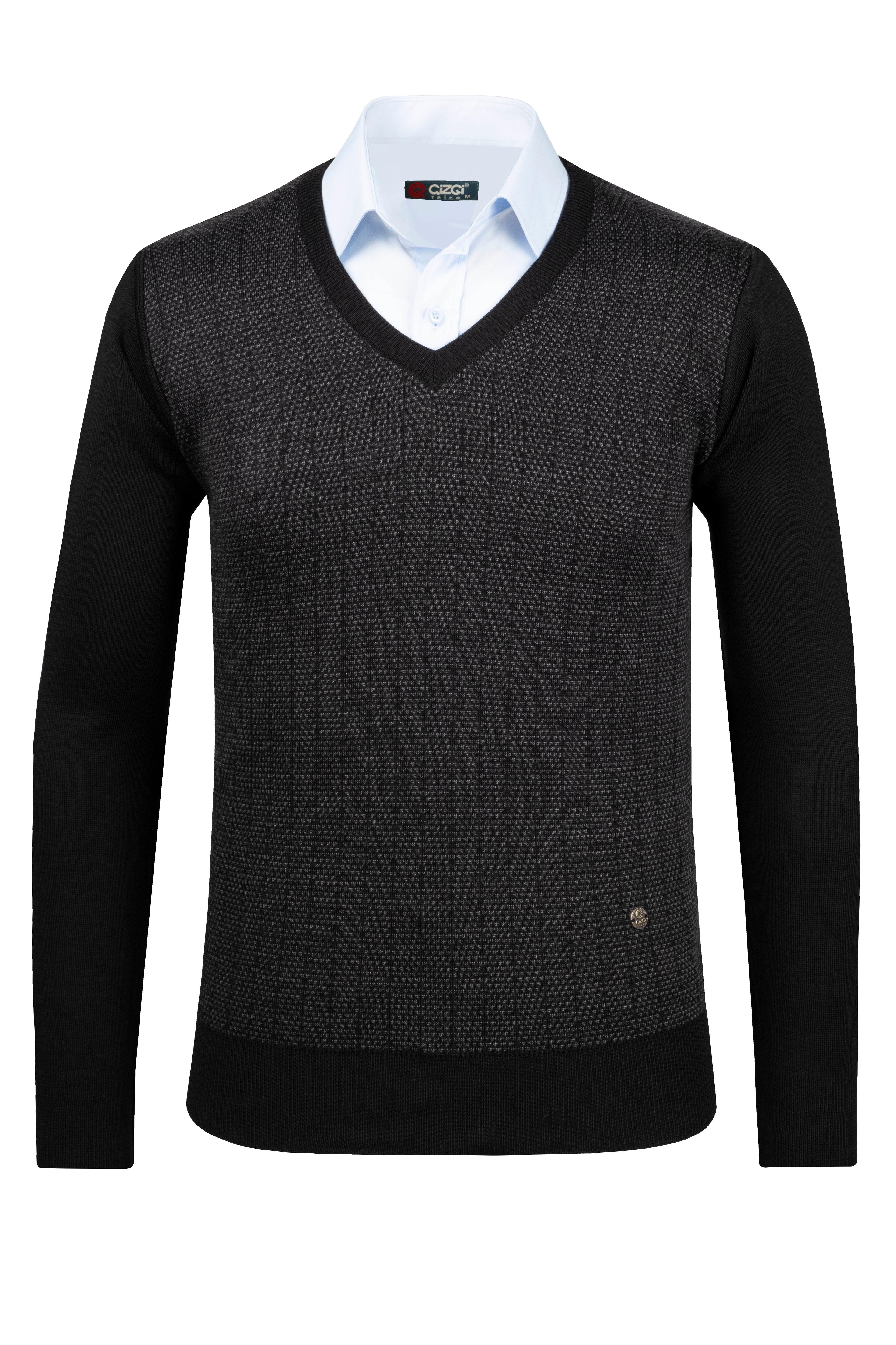 Stripe Knitwear Men's V-Neck Knitwear Sweater Patterned Sleeve and Waist Elastic Steel Knitted Classic Pattern - 5007D - SİYAH