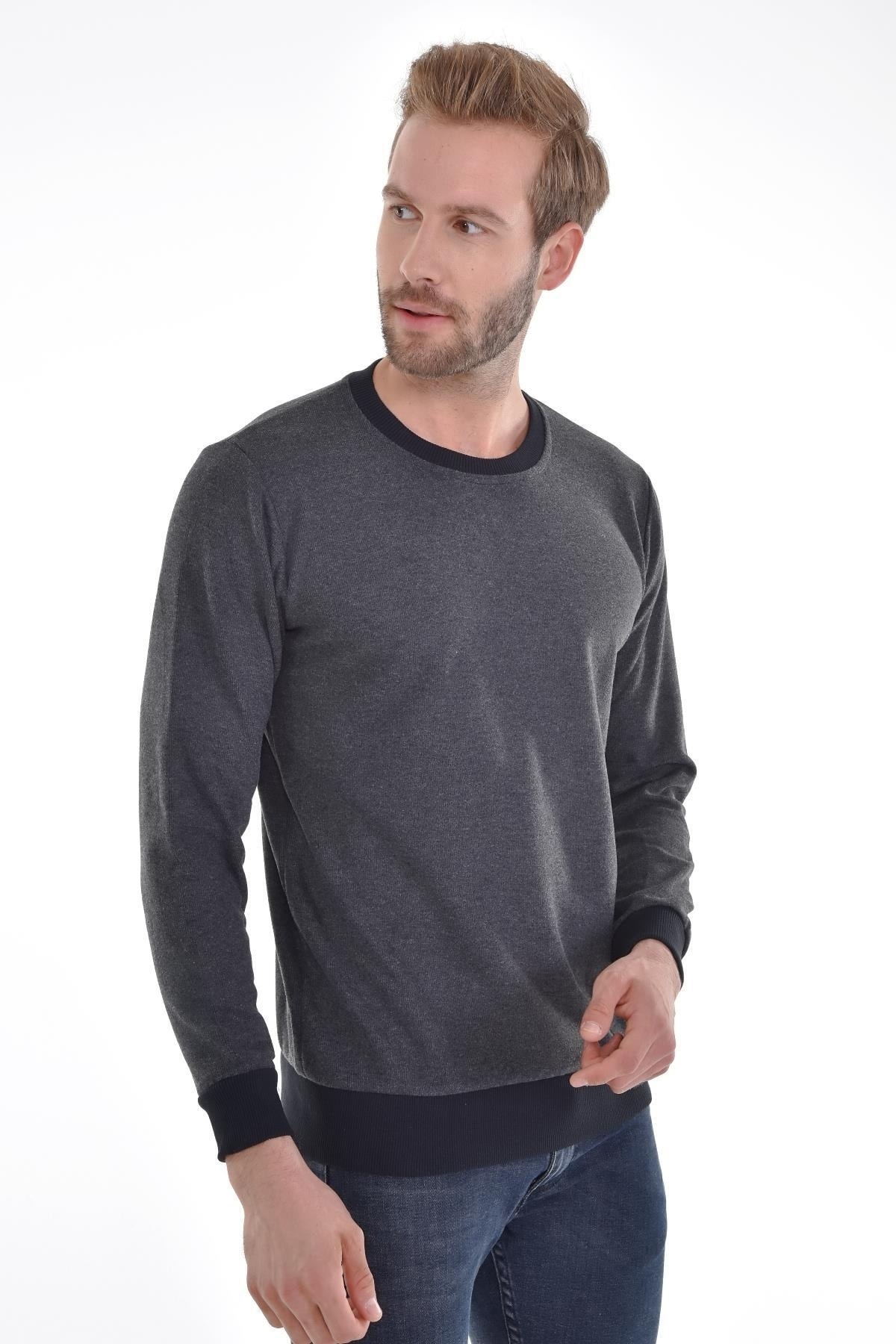 Erkek Sıfır Yaka Antrasit Sweat Kol Ve Bel Lasitkli Dokuma