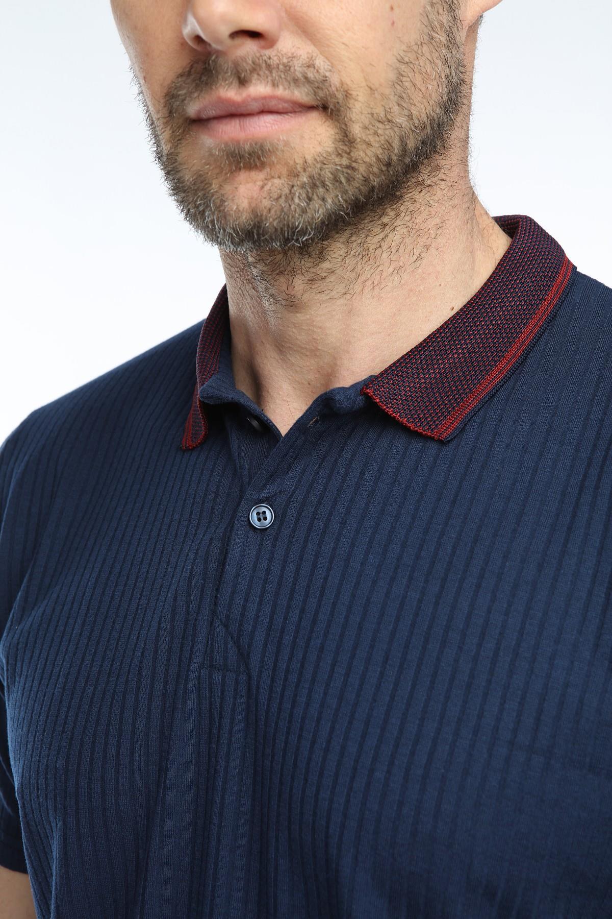 Erkek Polo Yaka Basic Tişört Fitilli Düz Lacivert Renk Slim Fit
