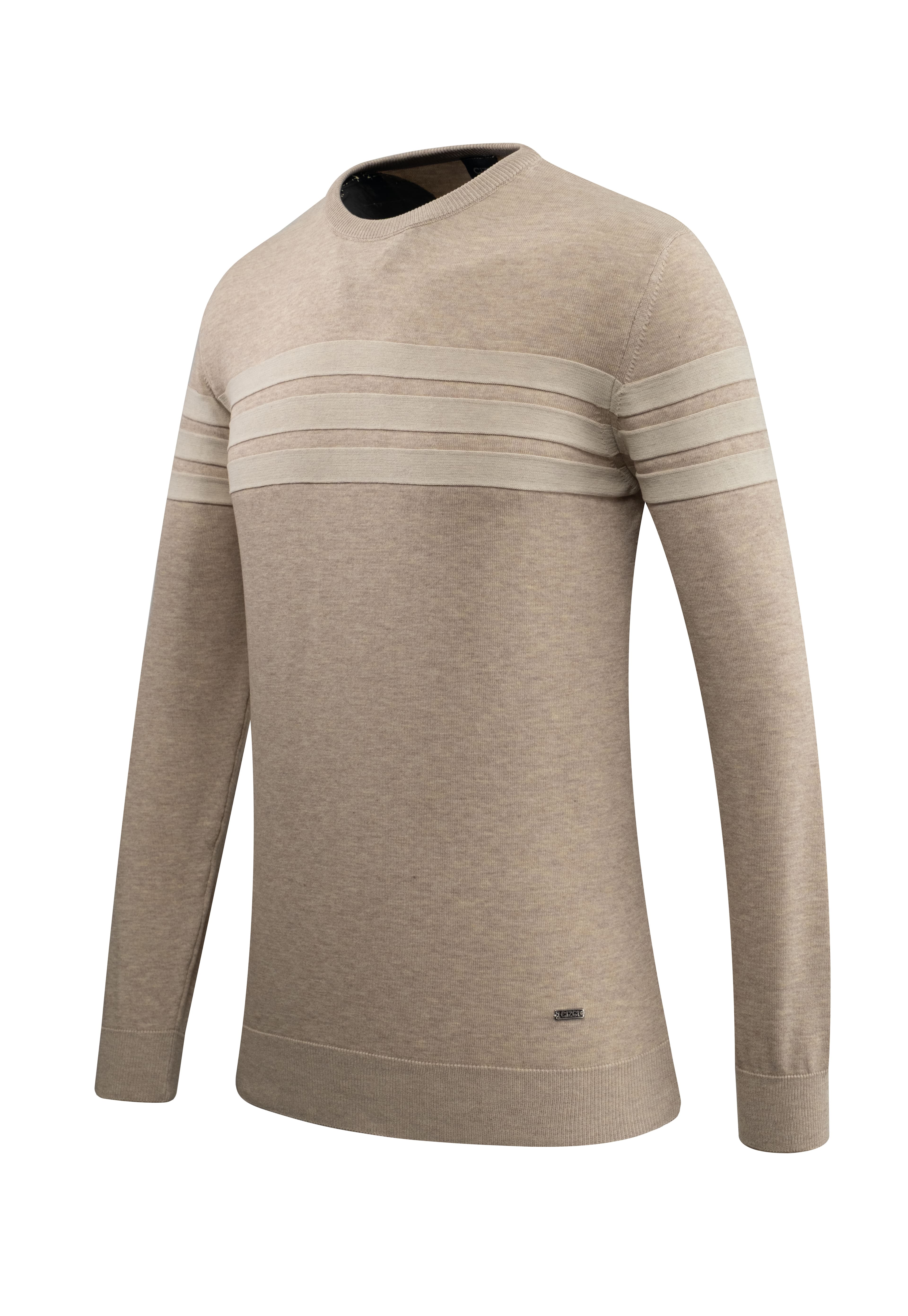 Erkek Sıfır Yaka Kazak Triko Şerit Desenli Klasik Kalıp - 5247C - BEIGE