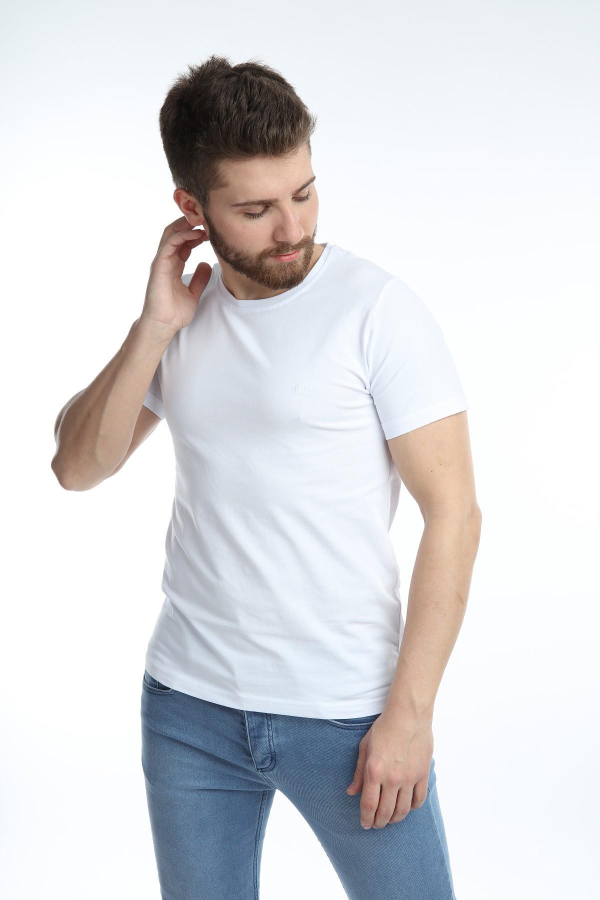 Erkek Bisiklet Yaka Basic Tişört Düz Beyaz Renk Slim Fit