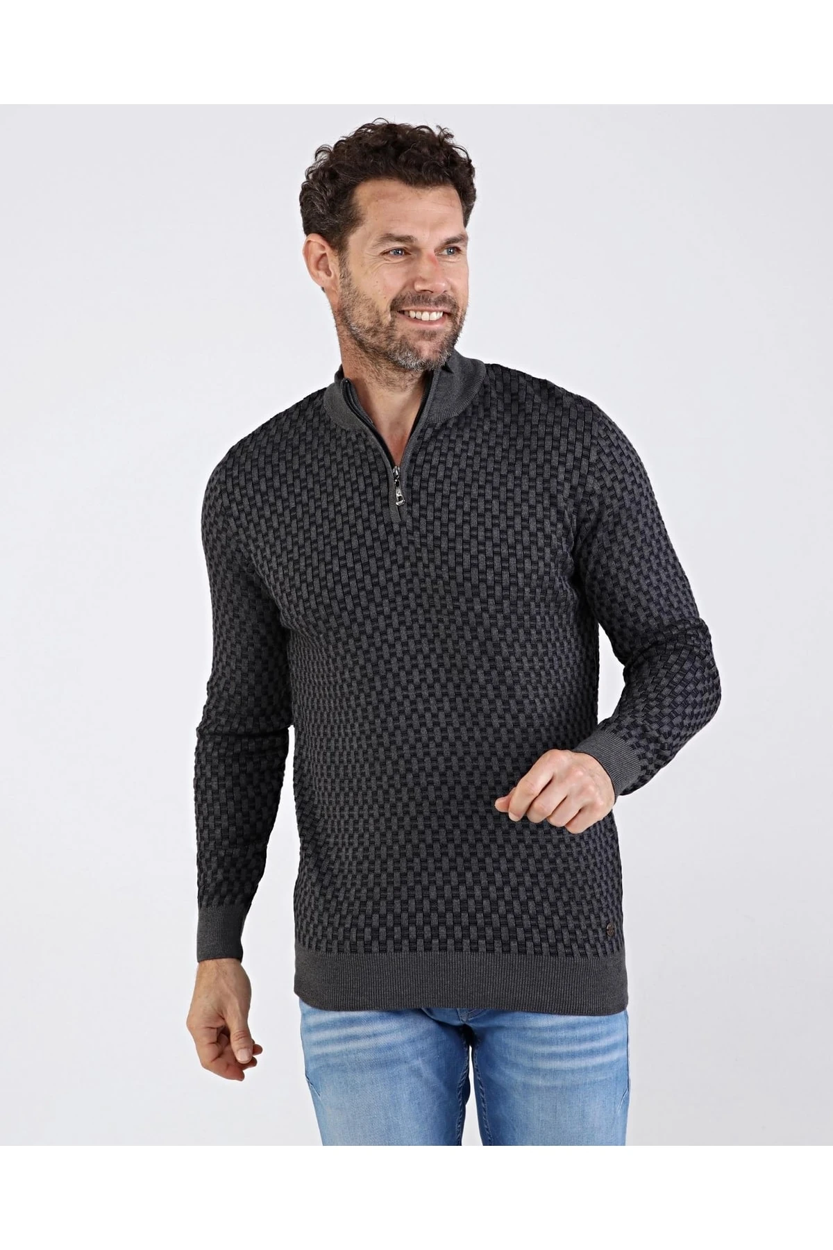 Erkek Yarım Balıkçı Yaka Pamuklu Triko Gri Kazak Desenli Kol Ve Bel Lastikli Regular