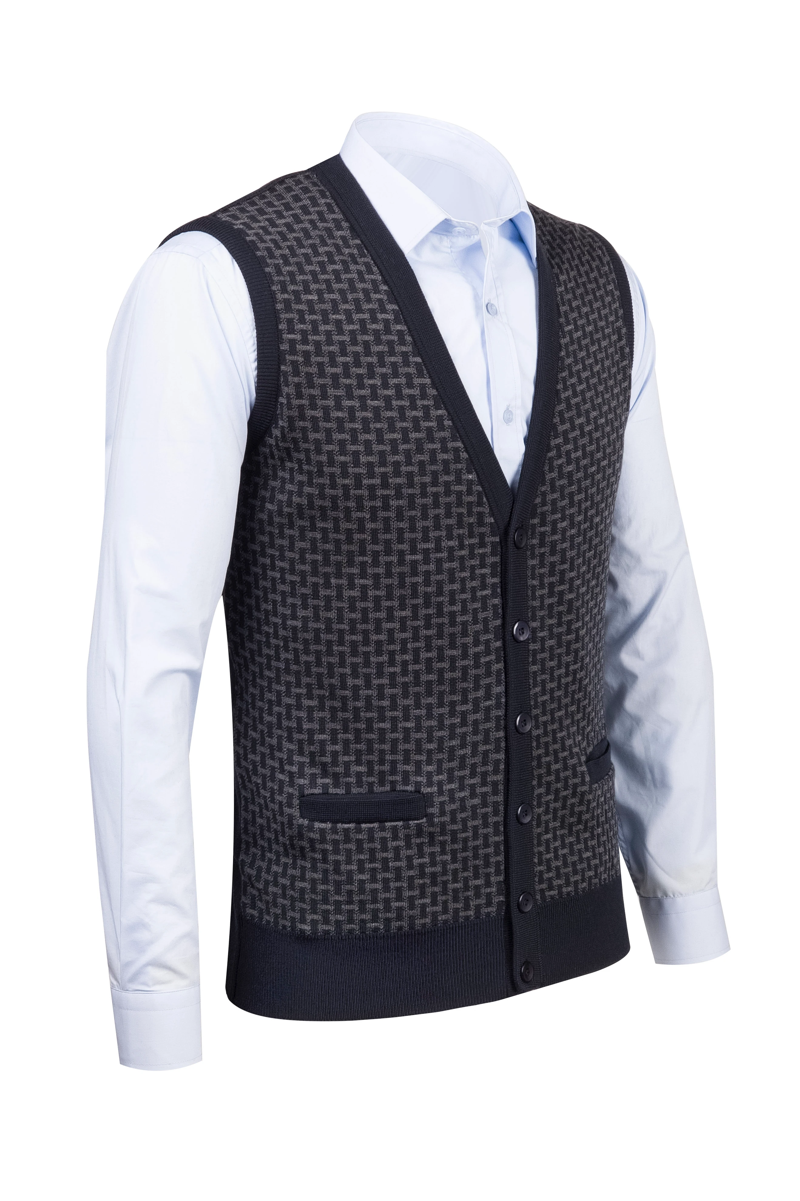 Çizgi Triko Erkek Triko V Yaka Yelek Düğmeli Cep Detaylı Desenli Bel Lastikli Çelik Örgü