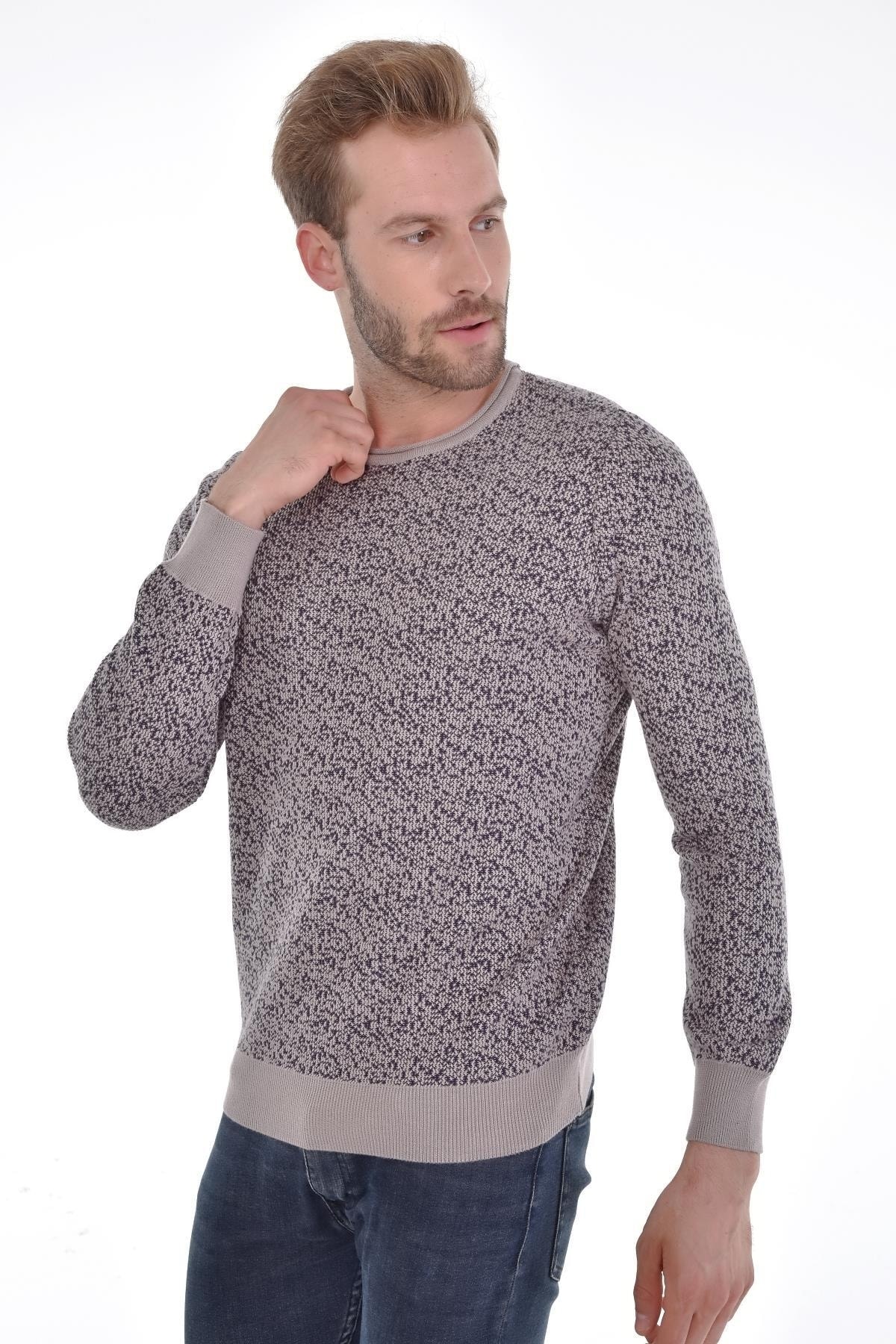 Erkek Sıfır Yaka Pamuklu Triko Bej Kazak Desenli Kol Ve Bel Lastikli Dokuma