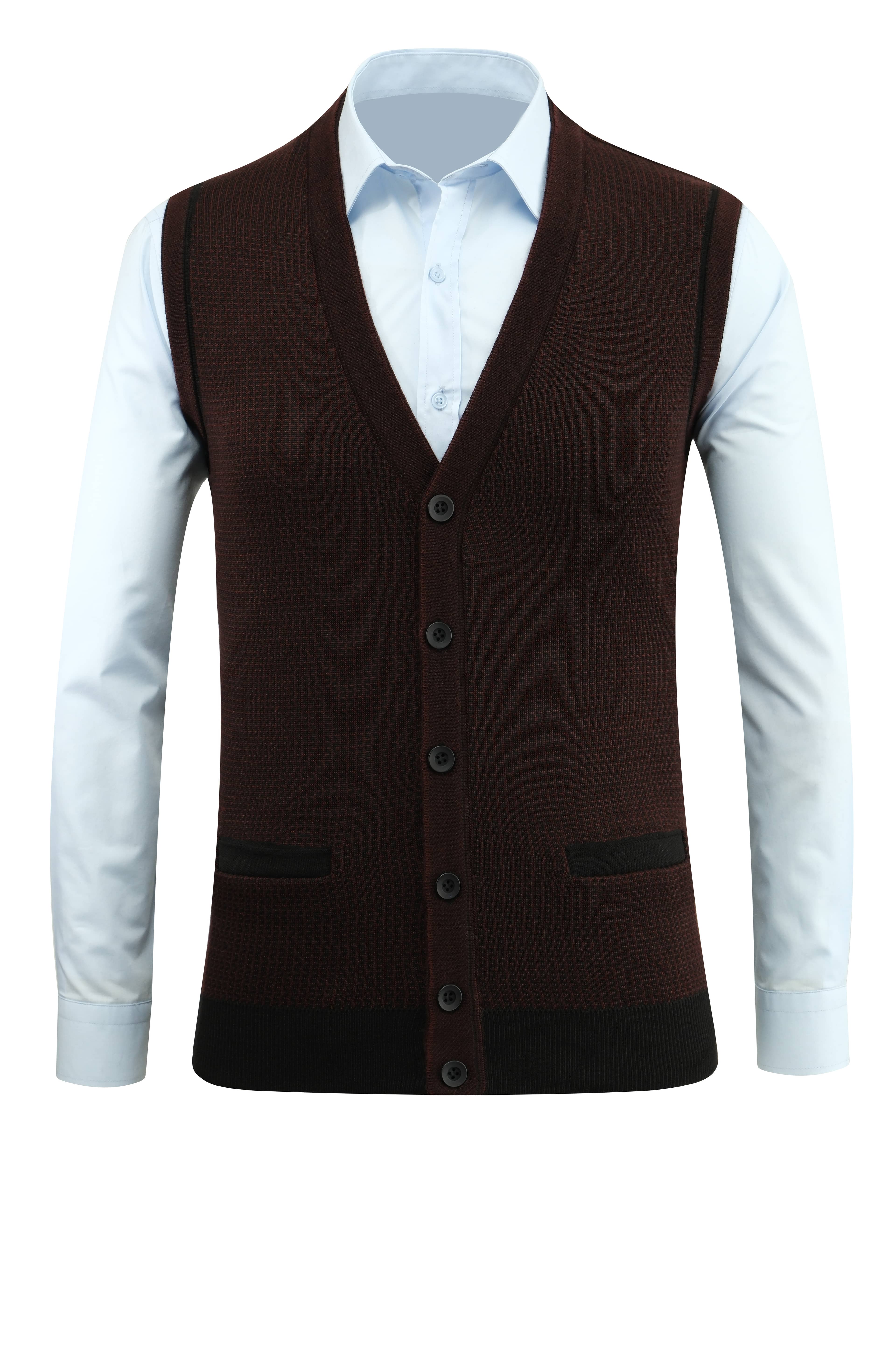 Erkek Büyük Beden Düğmeli Yelek Cepli Desenli Çelik Örgü Klasik Kalıp - 5208LB - BURGUNDY