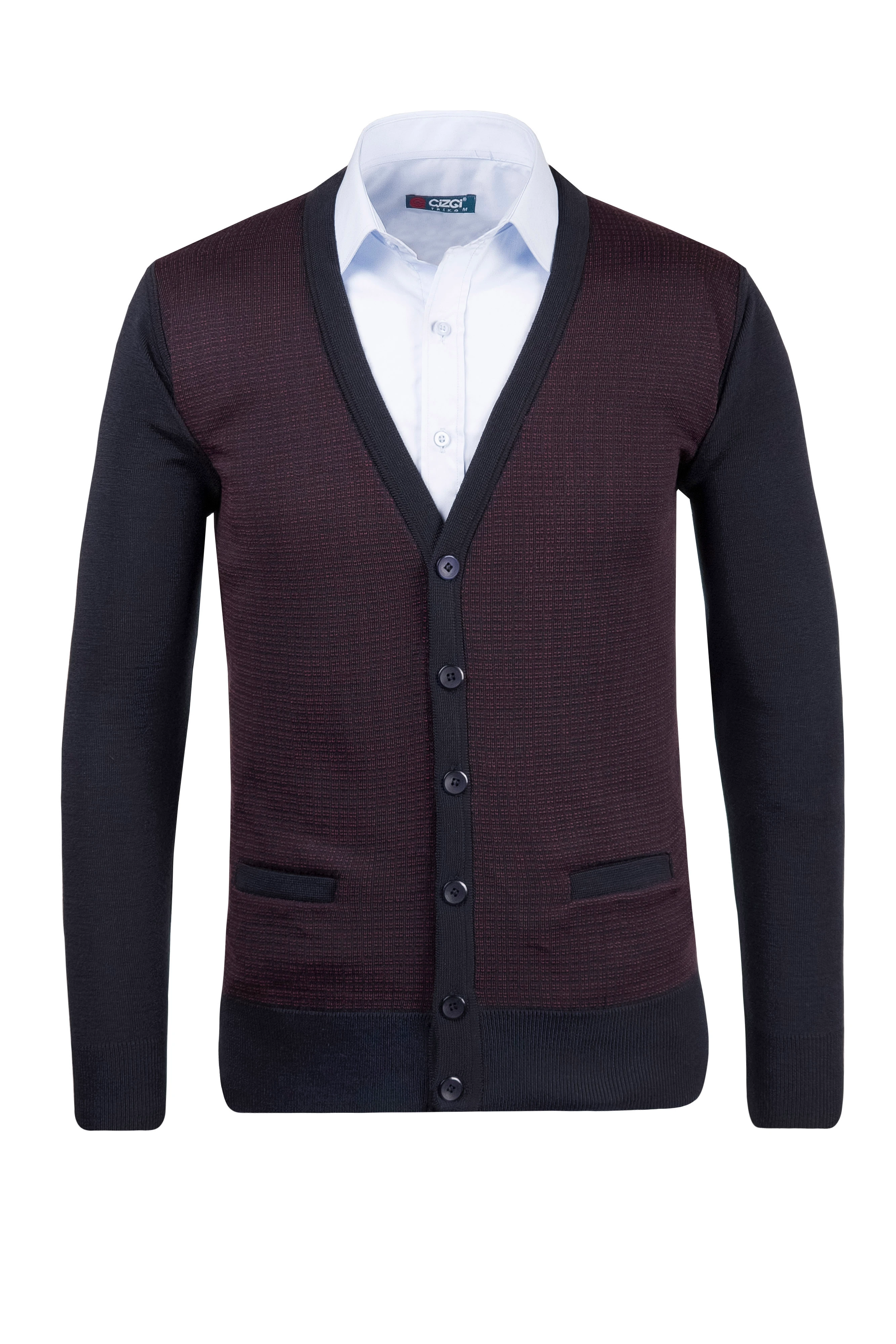 Çizgi Triko Erkek V Yaka Triko Hırka Düğmeli Cep Detaylı Desenli Çelik Örgü Klasik Kalıp