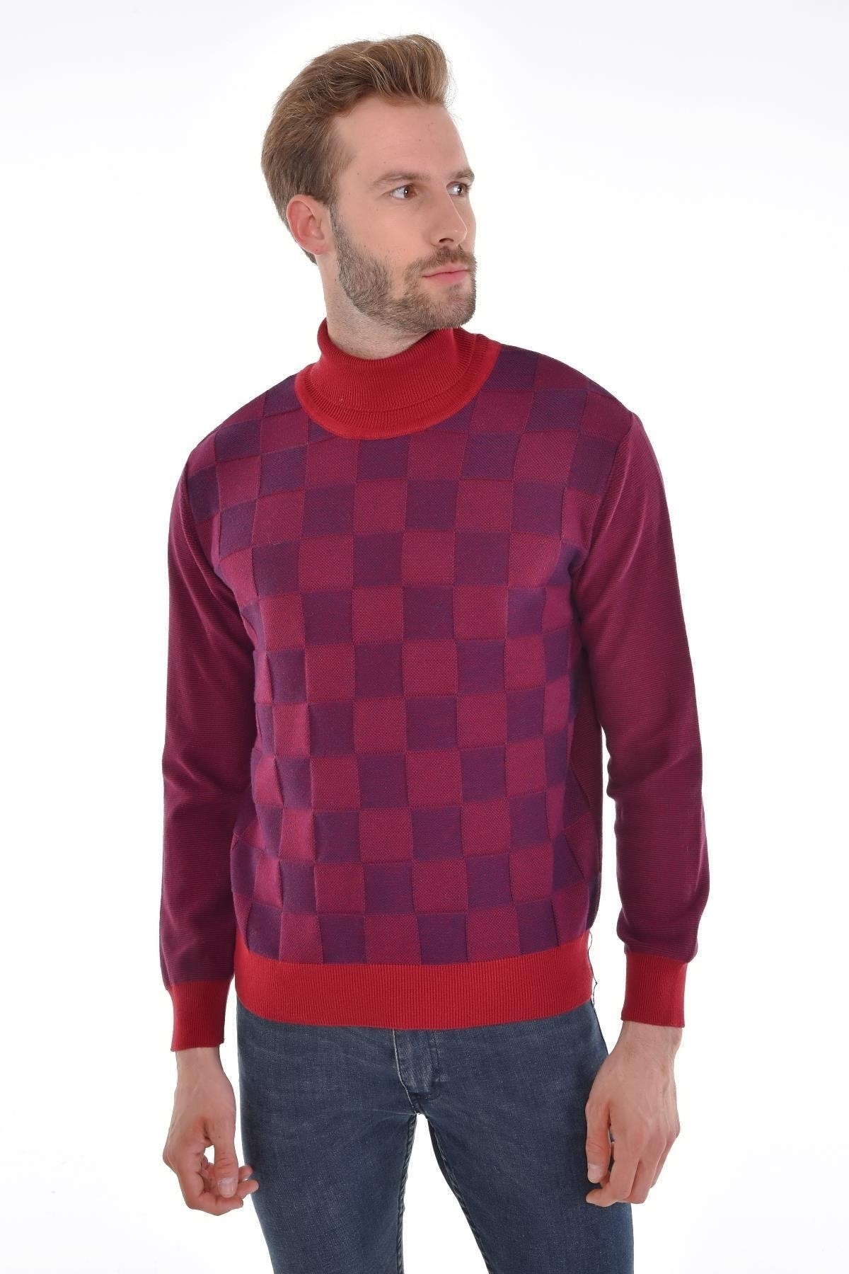 Erkek Tam Balıkçı Yaka Pamuklu Triko Bordo Kazak Desenli Kol Ve Bel Lastikli Dokuma